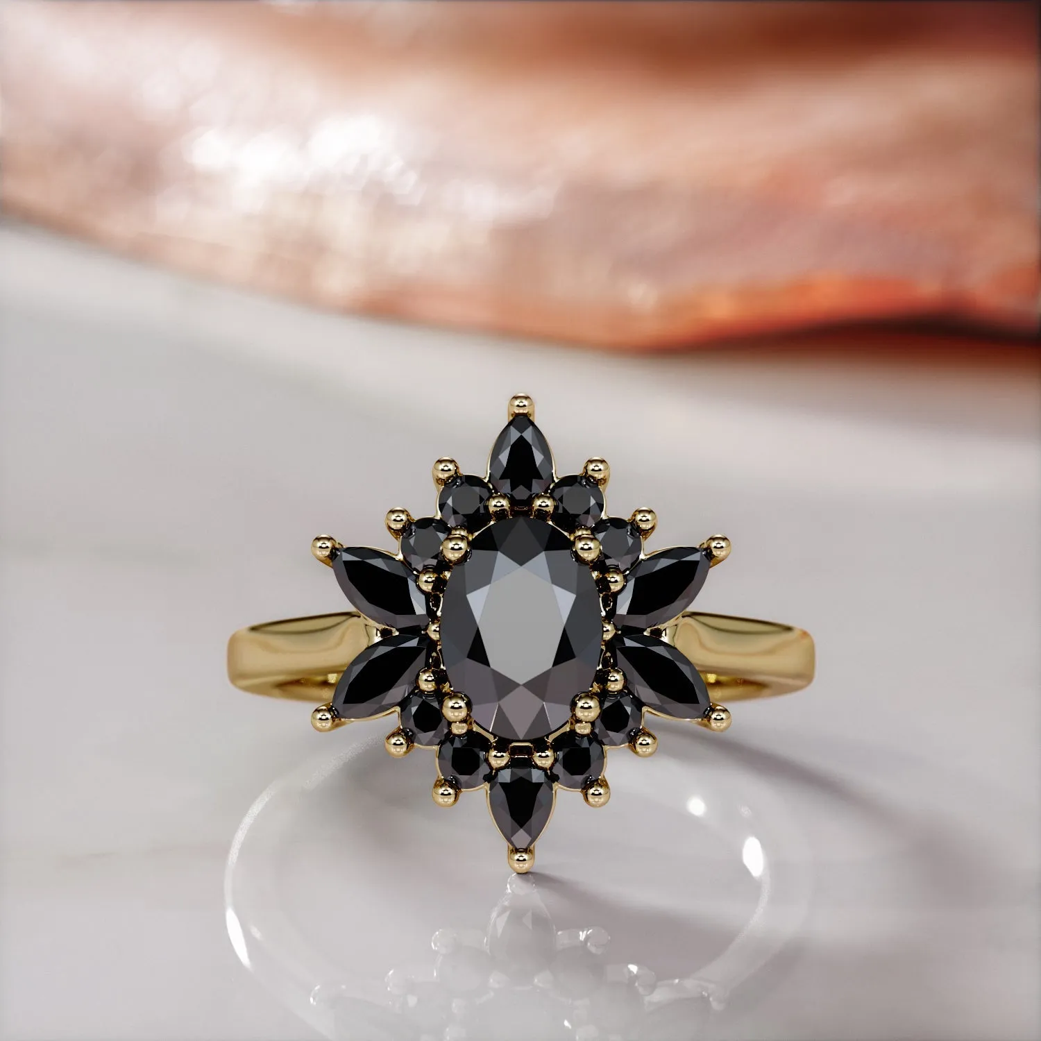Black Swan  Floral  Natural Black Diamond Oval Engagement Ring