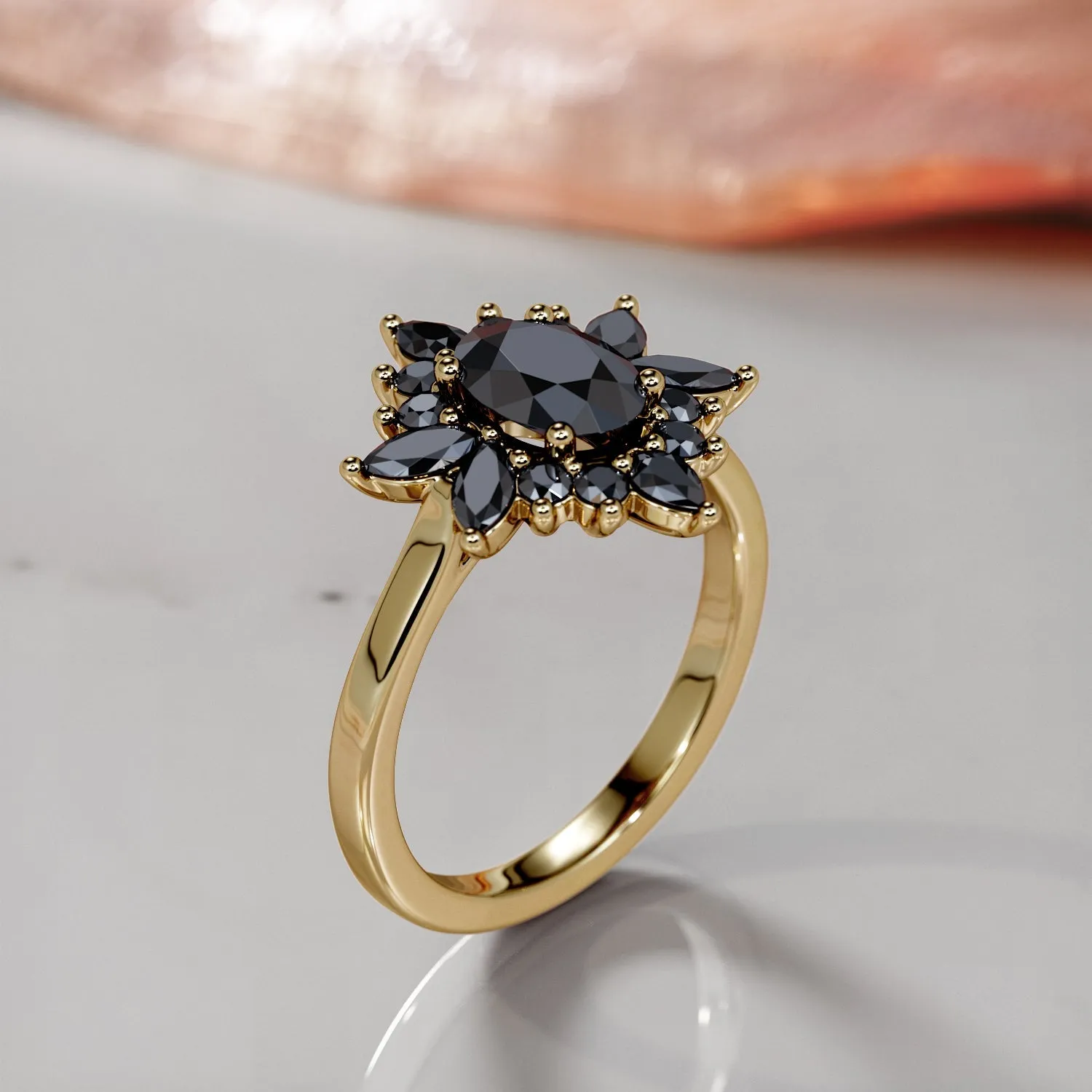 Black Swan  Floral  Natural Black Diamond Oval Engagement Ring