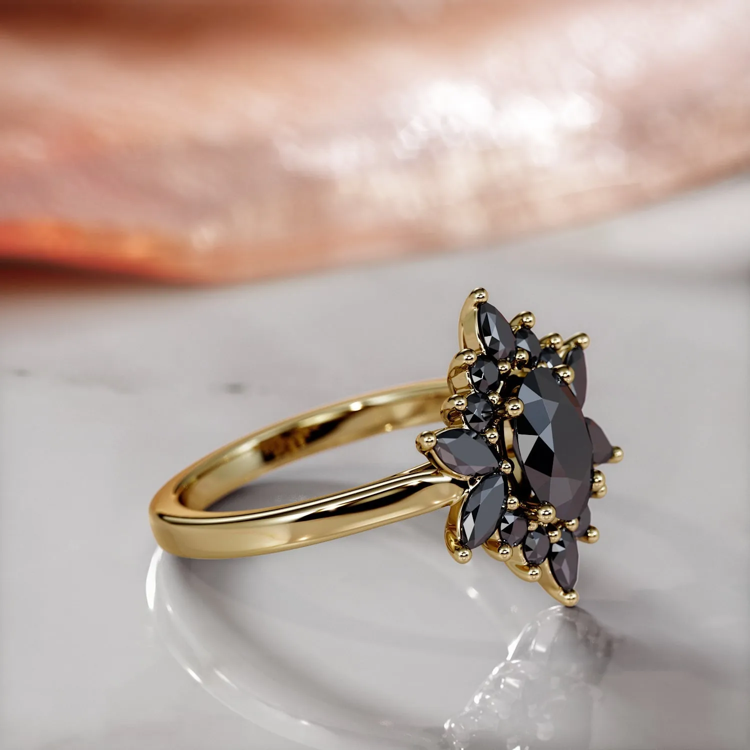 Black Swan  Floral  Natural Black Diamond Oval Engagement Ring