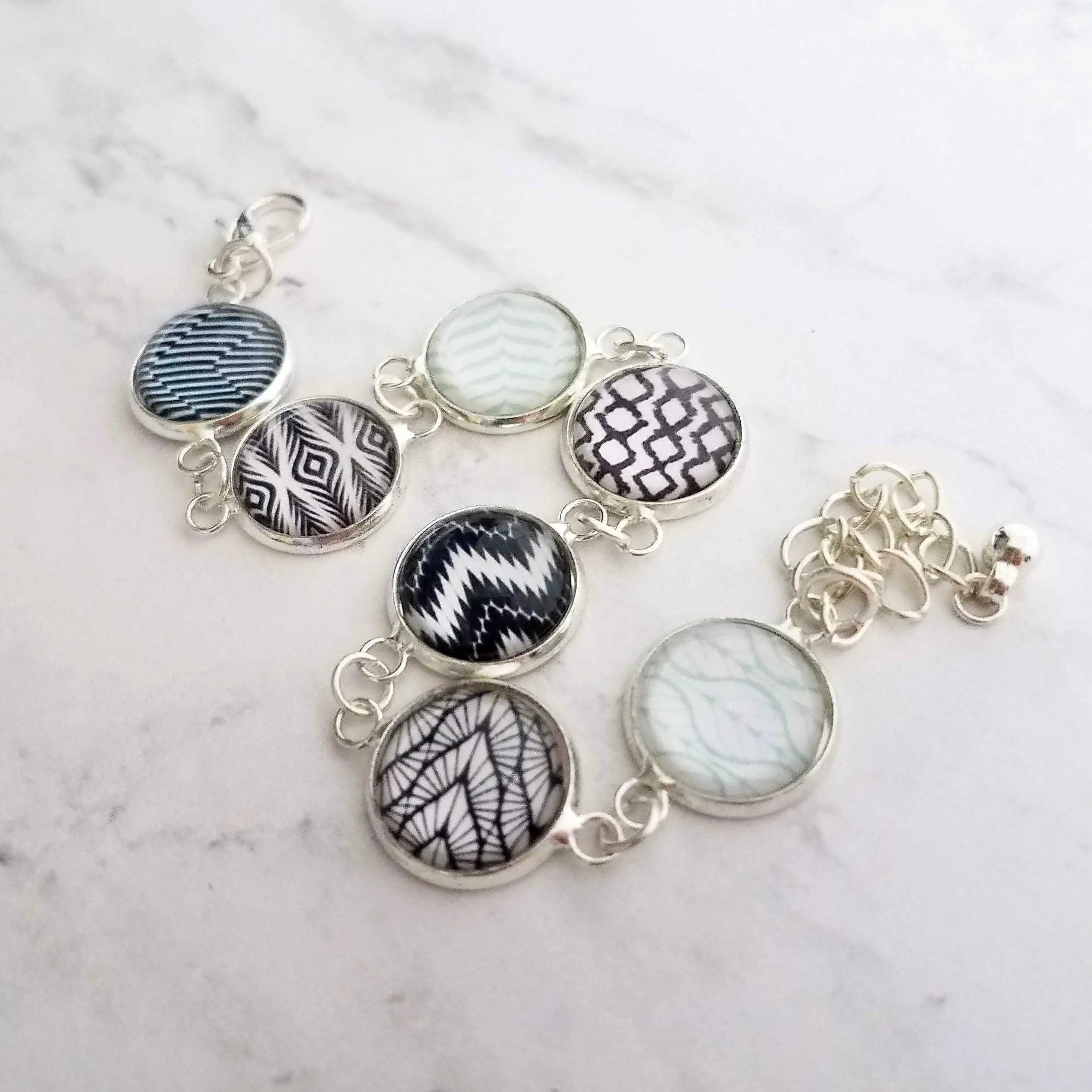 Black White Bracelet - Ikat style neutral modern print light blue/navy accent glass charm link silver adjustable - geometric minimalist