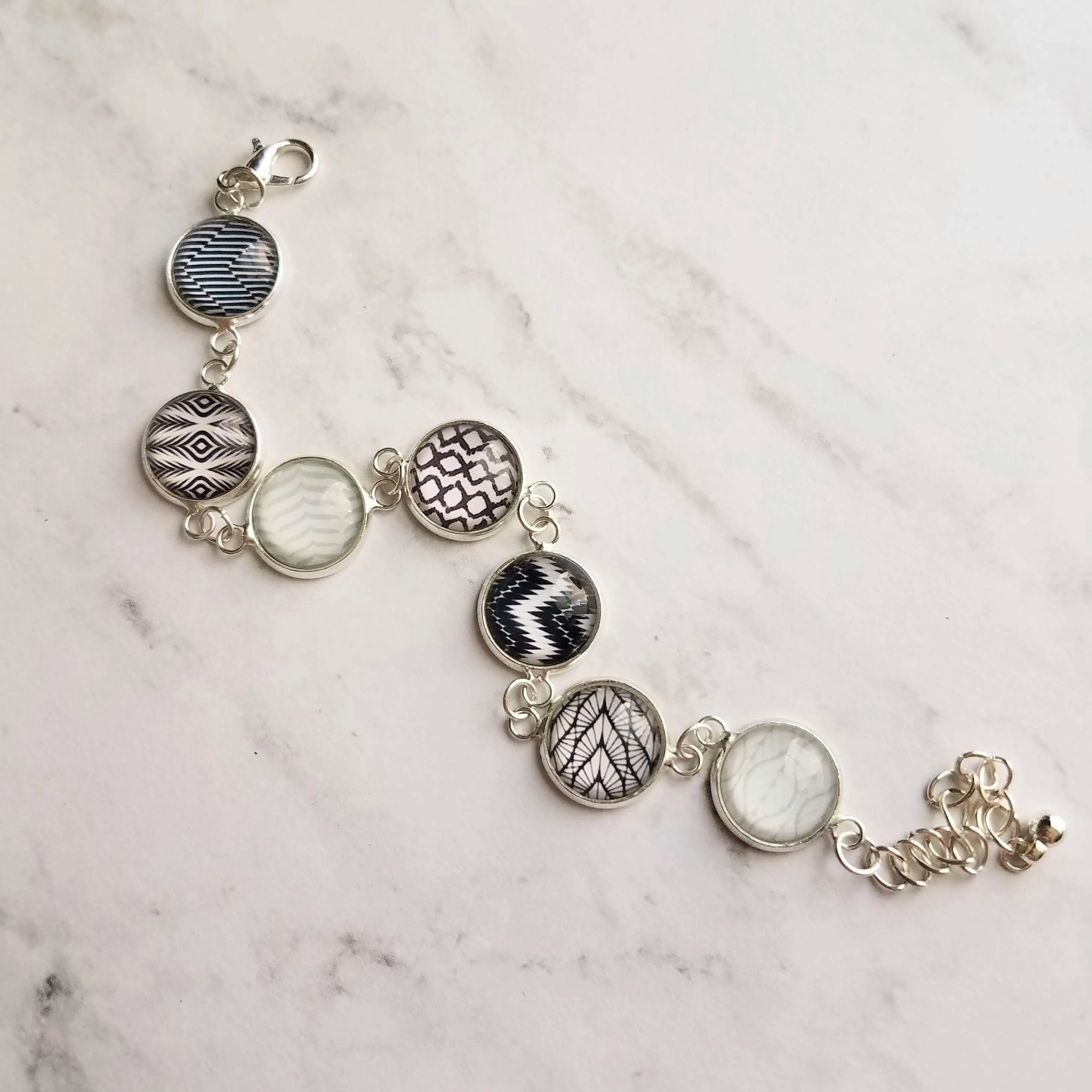 Black White Bracelet - Ikat style neutral modern print light blue/navy accent glass charm link silver adjustable - geometric minimalist