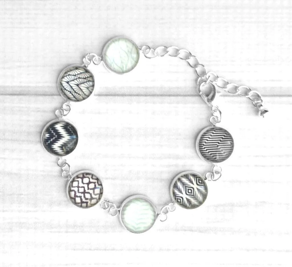 Black White Bracelet - Ikat style neutral modern print light blue/navy accent glass charm link silver adjustable - geometric minimalist