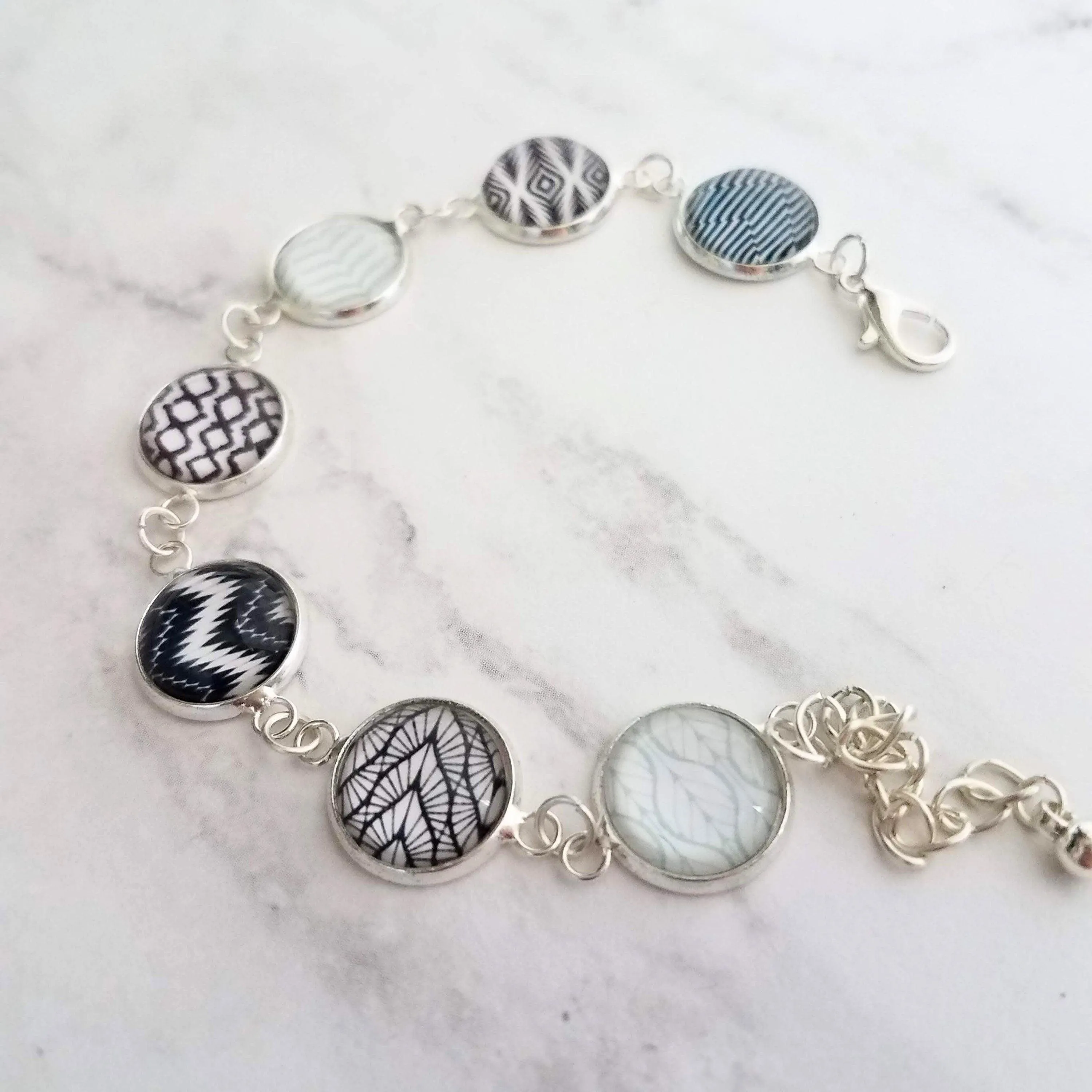 Black White Bracelet - Ikat style neutral modern print light blue/navy accent glass charm link silver adjustable - geometric minimalist