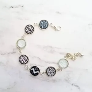 Black White Bracelet - Ikat style neutral modern print light blue/navy accent glass charm link silver adjustable - geometric minimalist