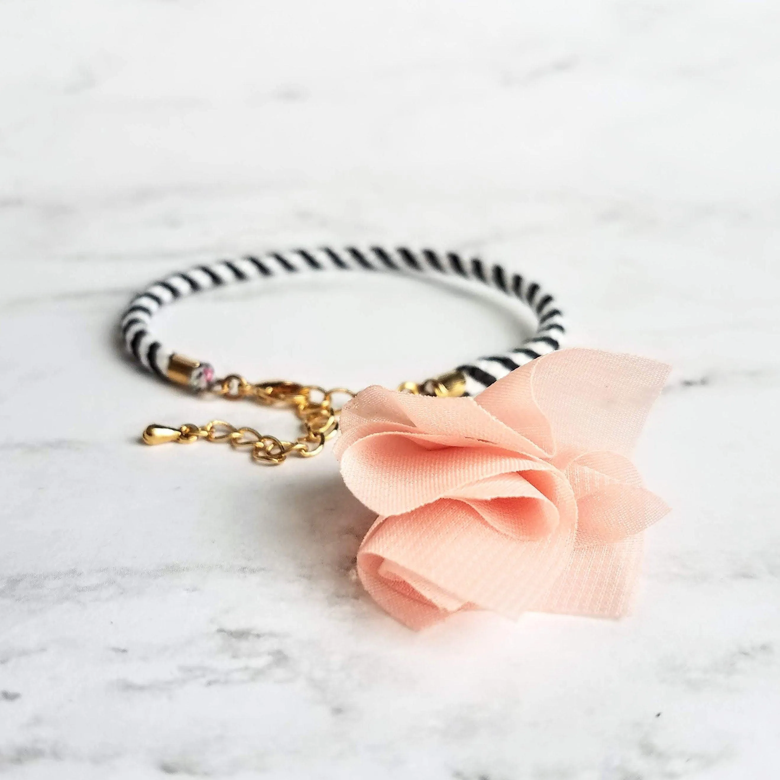 Black White Stripe Bracelet - woven striped cord & gold plated adjustable clasp - grey/peach tassel sheer fabric charm - trendy chic thin