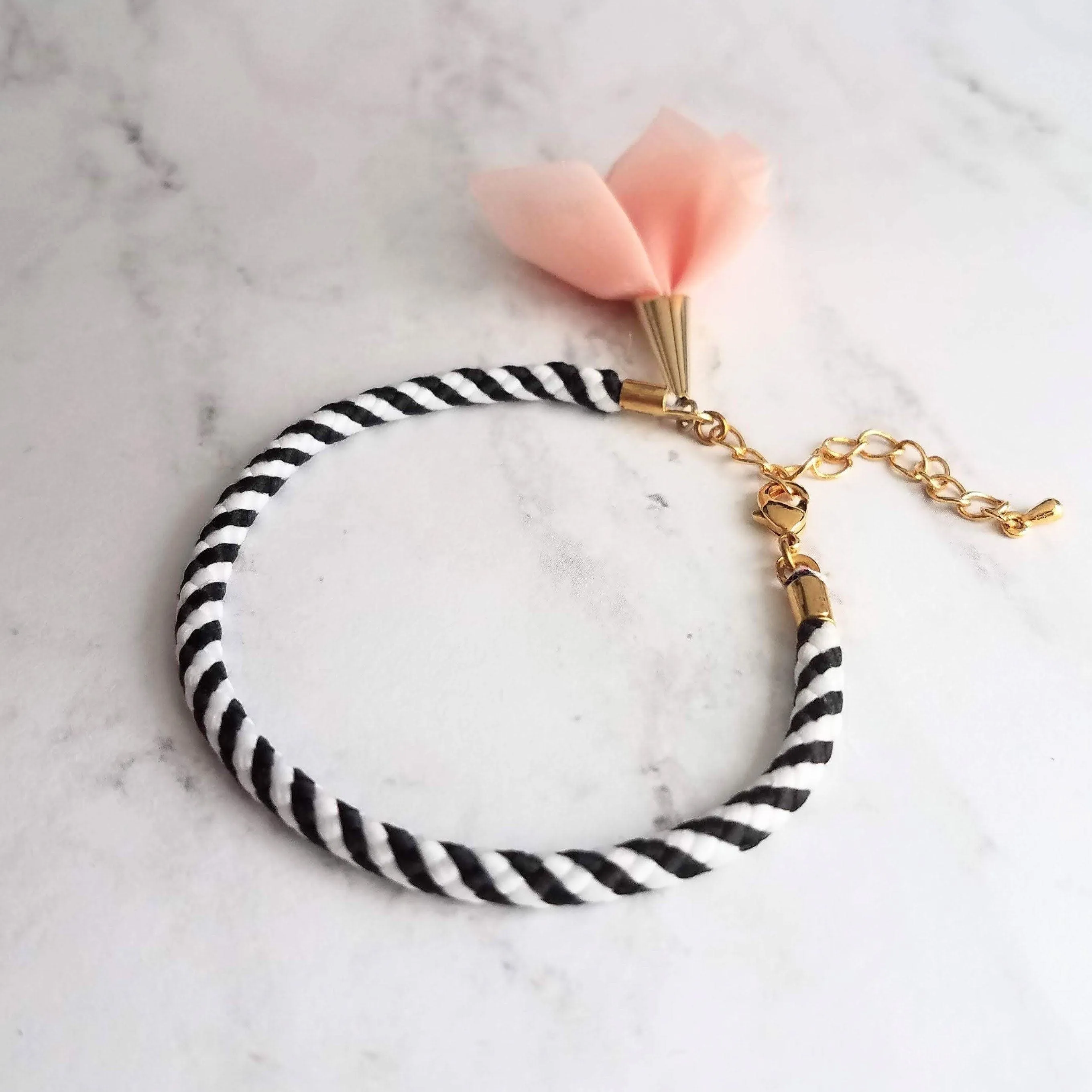 Black White Stripe Bracelet - woven striped cord & gold plated adjustable clasp - grey/peach tassel sheer fabric charm - trendy chic thin