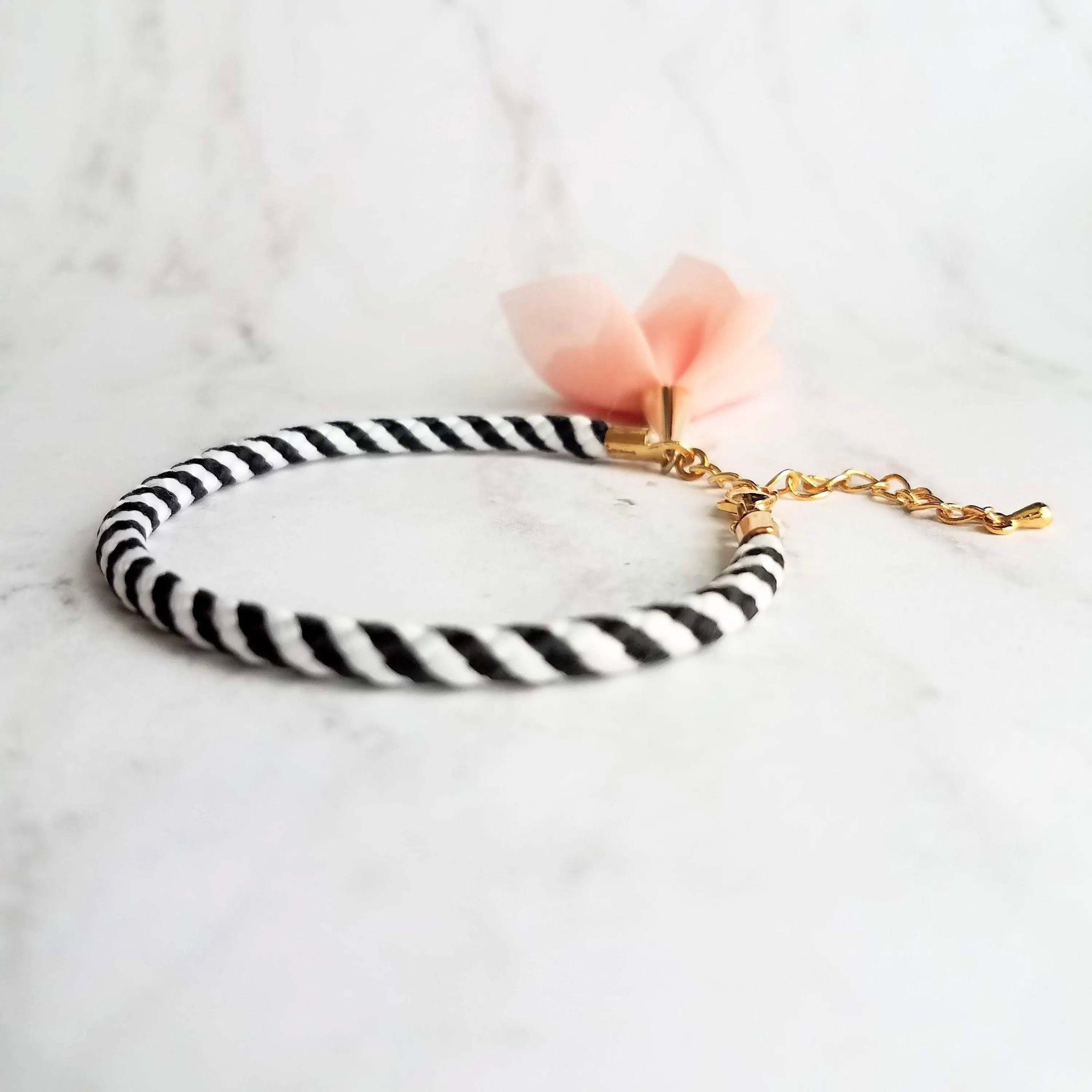 Black White Stripe Bracelet - woven striped cord & gold plated adjustable clasp - grey/peach tassel sheer fabric charm - trendy chic thin
