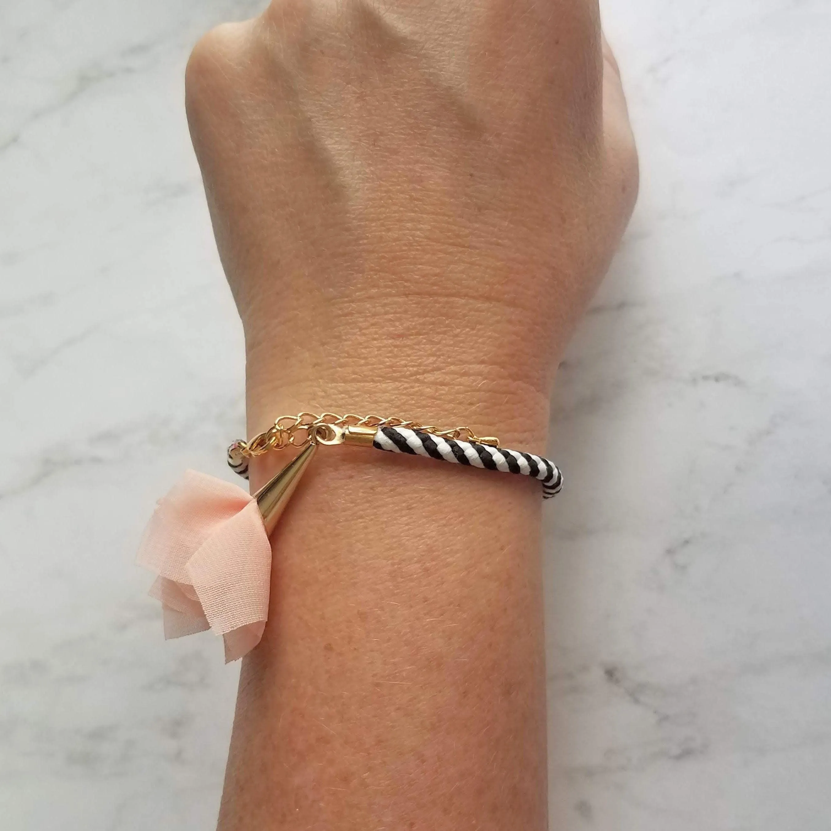 Black White Stripe Bracelet - woven striped cord & gold plated adjustable clasp - grey/peach tassel sheer fabric charm - trendy chic thin