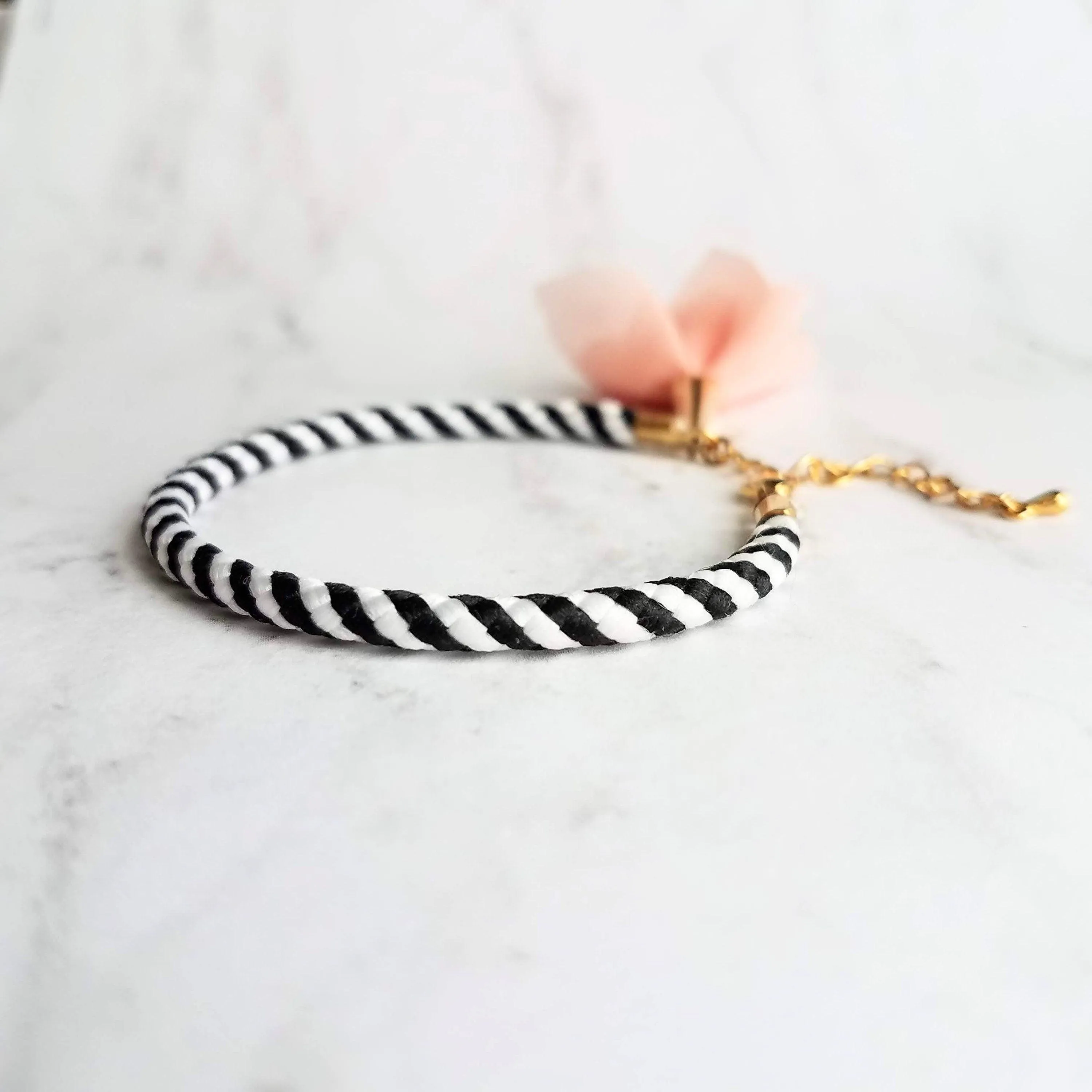 Black White Stripe Bracelet - woven striped cord & gold plated adjustable clasp - grey/peach tassel sheer fabric charm - trendy chic thin