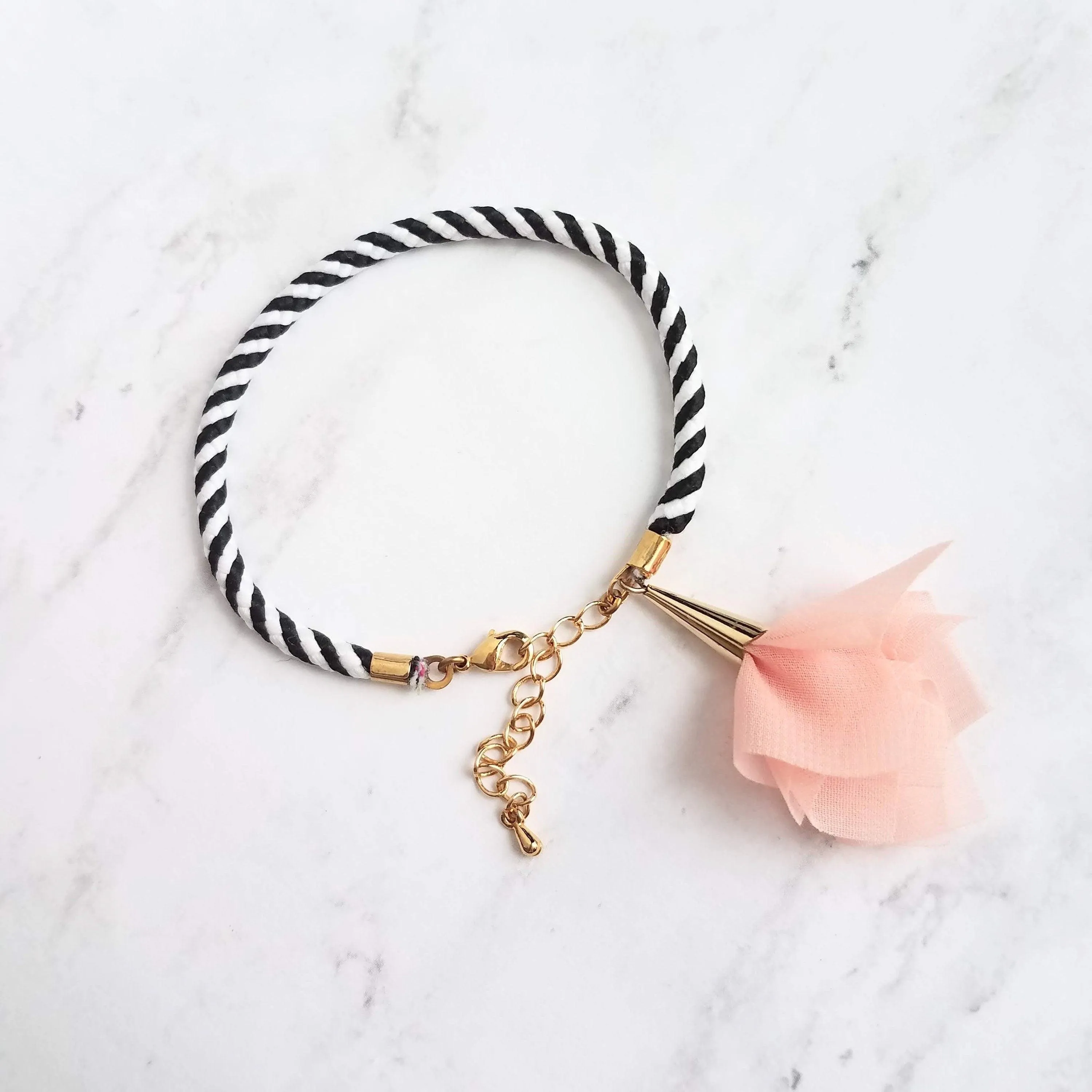 Black White Stripe Bracelet - woven striped cord & gold plated adjustable clasp - grey/peach tassel sheer fabric charm - trendy chic thin