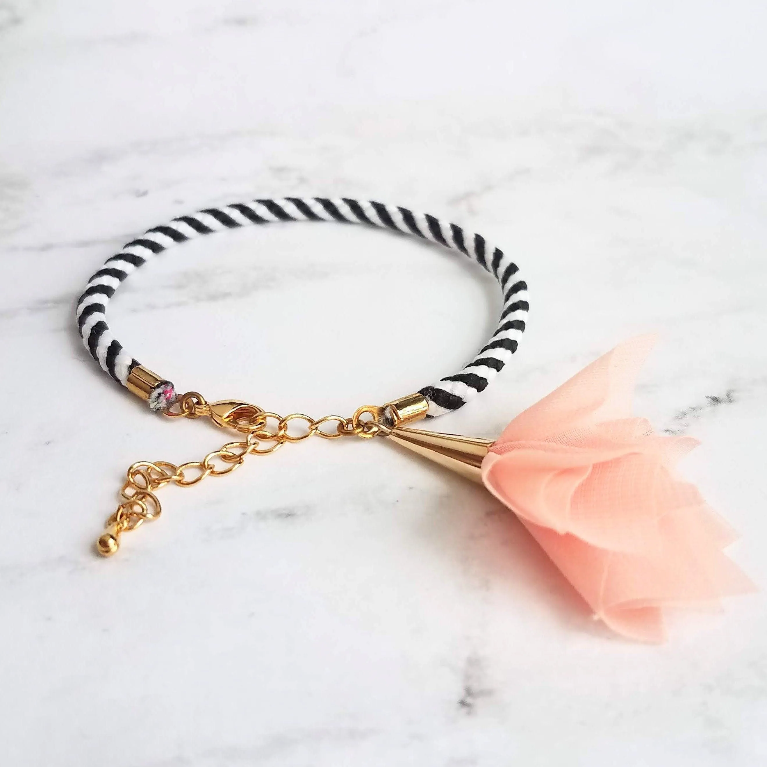 Black White Stripe Bracelet - woven striped cord & gold plated adjustable clasp - grey/peach tassel sheer fabric charm - trendy chic thin