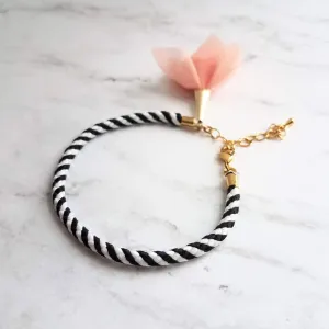 Black White Stripe Bracelet - woven striped cord & gold plated adjustable clasp - grey/peach tassel sheer fabric charm - trendy chic thin