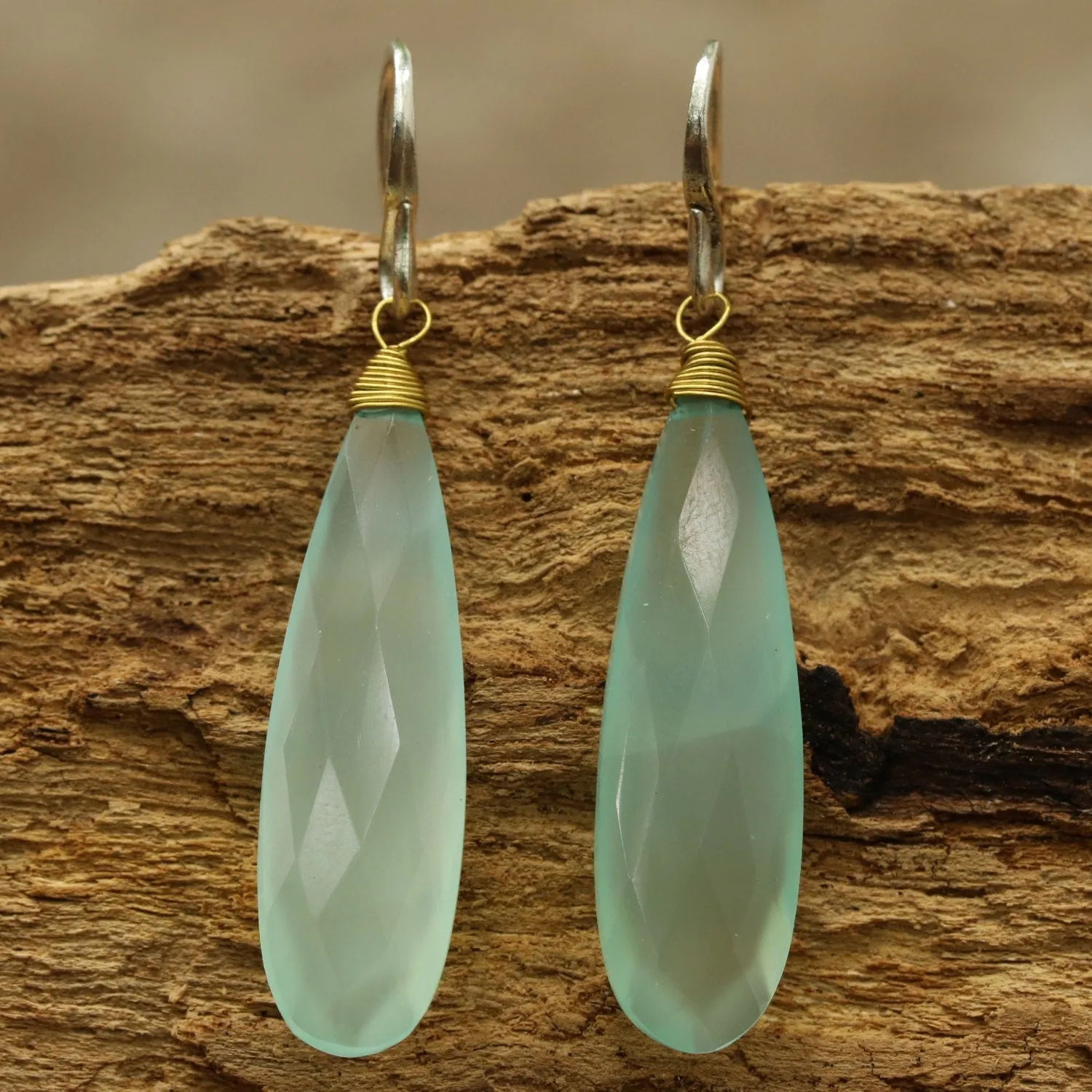 Blue chalcedony dangle earrings with sterling silver hooks style