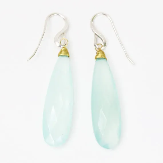 Blue chalcedony dangle earrings with sterling silver hooks style