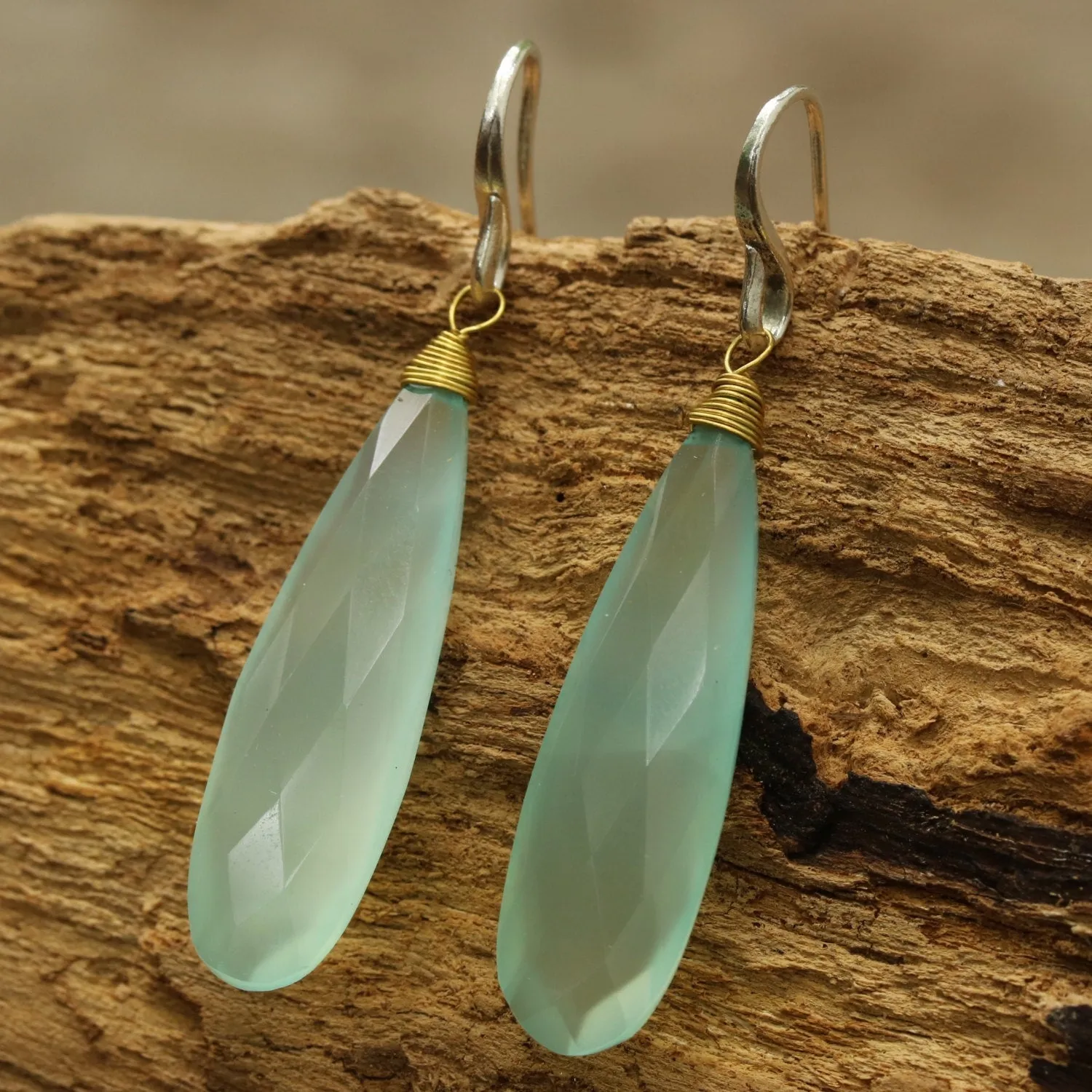 Blue chalcedony dangle earrings with sterling silver hooks style