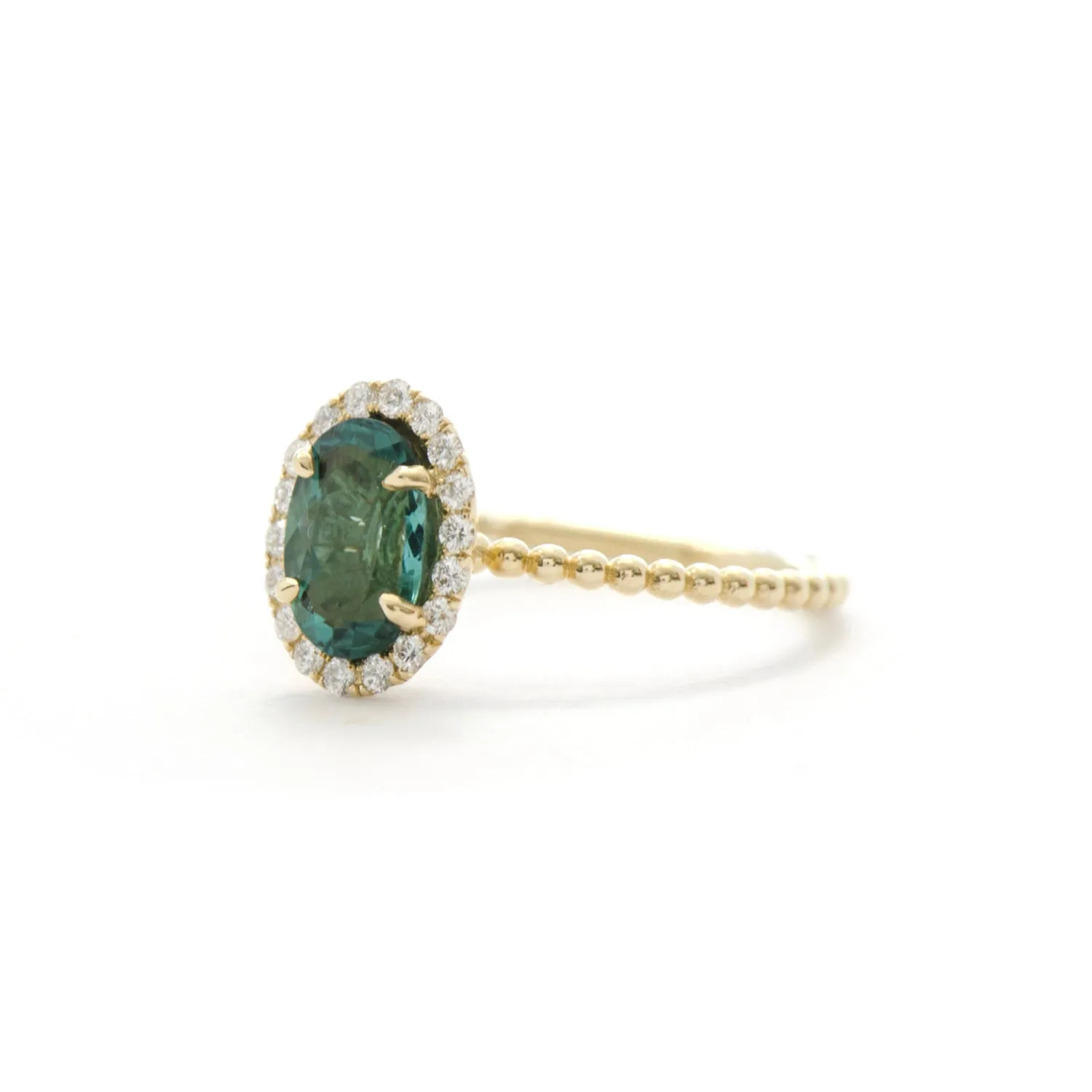 Blue Green Tourmaline and Diamond Halo Bloom Ring