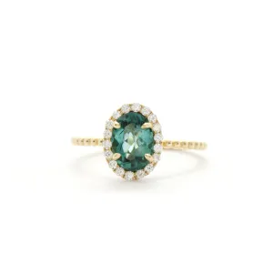 Blue Green Tourmaline and Diamond Halo Bloom Ring