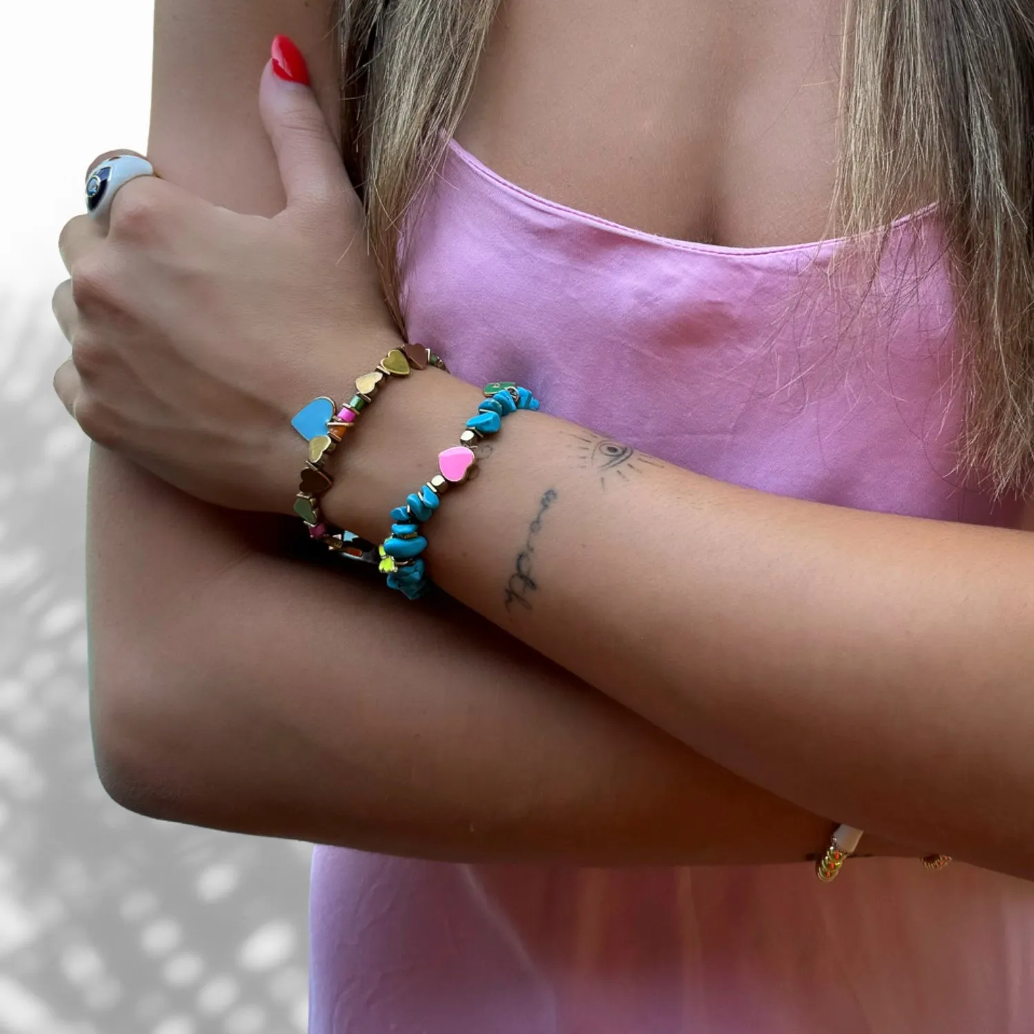 Blue Heart Charm Gold Beaded Bracelet