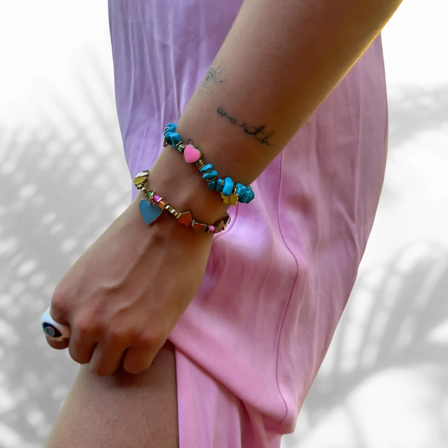 Blue Heart Charm Gold Beaded Bracelet