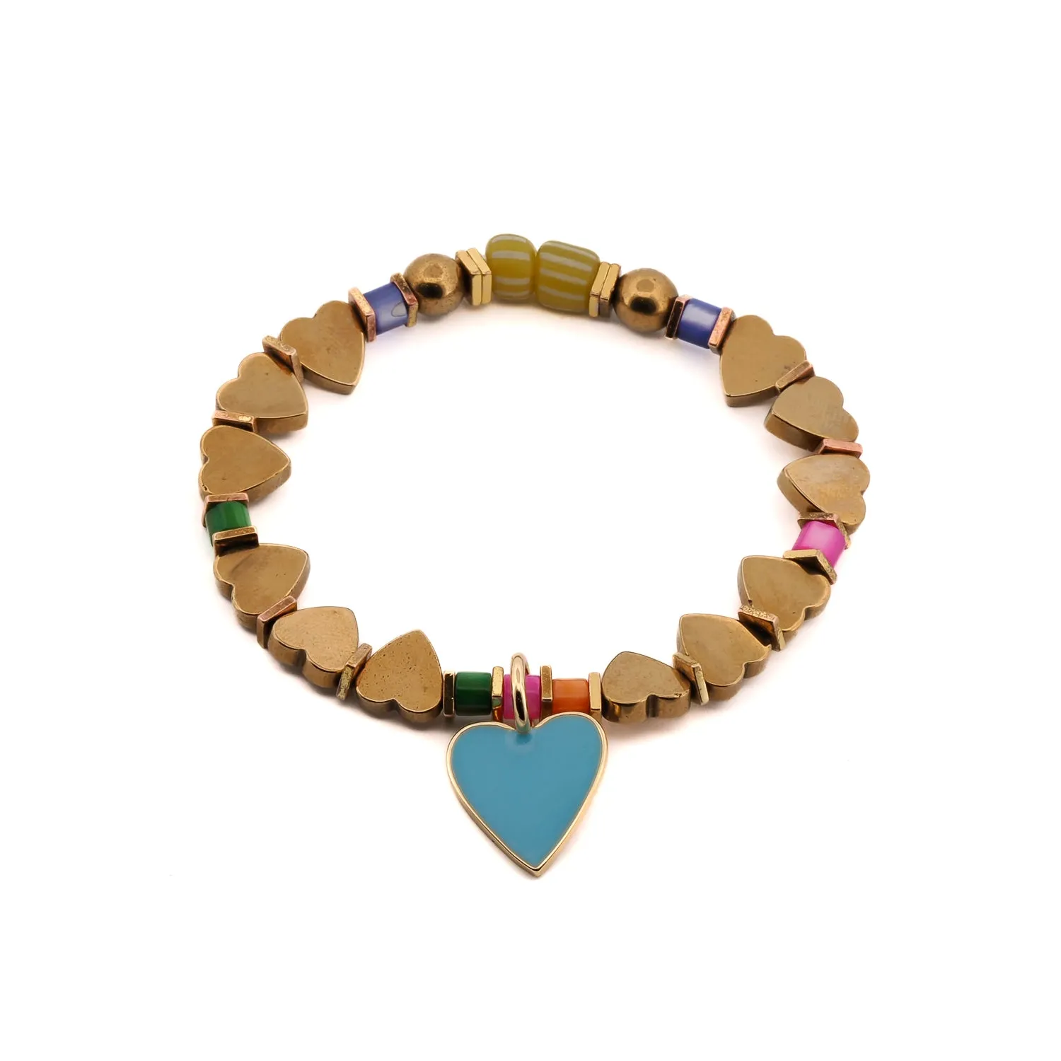 Blue Heart Charm Gold Beaded Bracelet