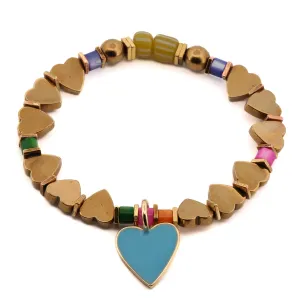 Blue Heart Charm Gold Beaded Bracelet