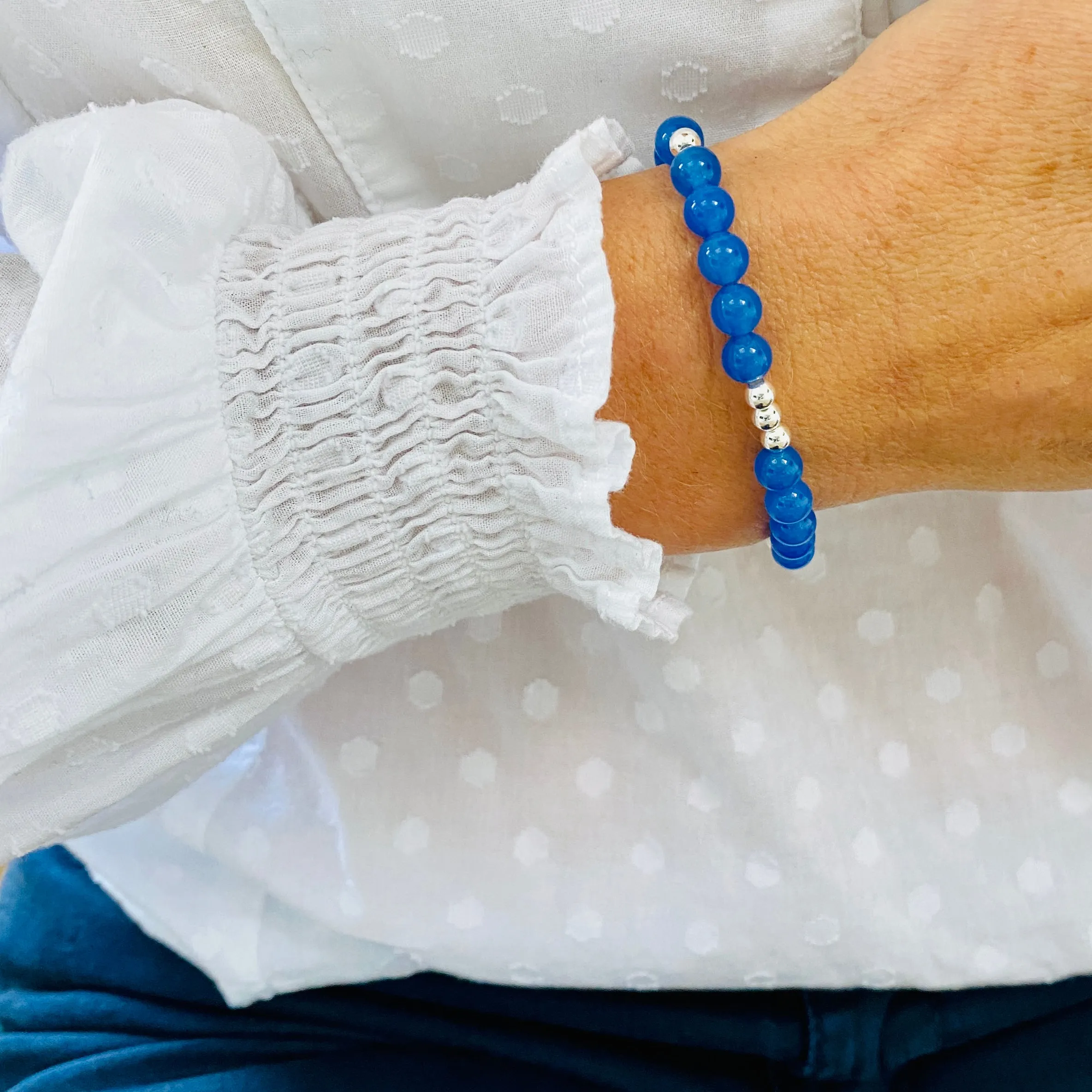 Blue Onyx Bead Bracelet with Silver Accent | Solo or Stack Set