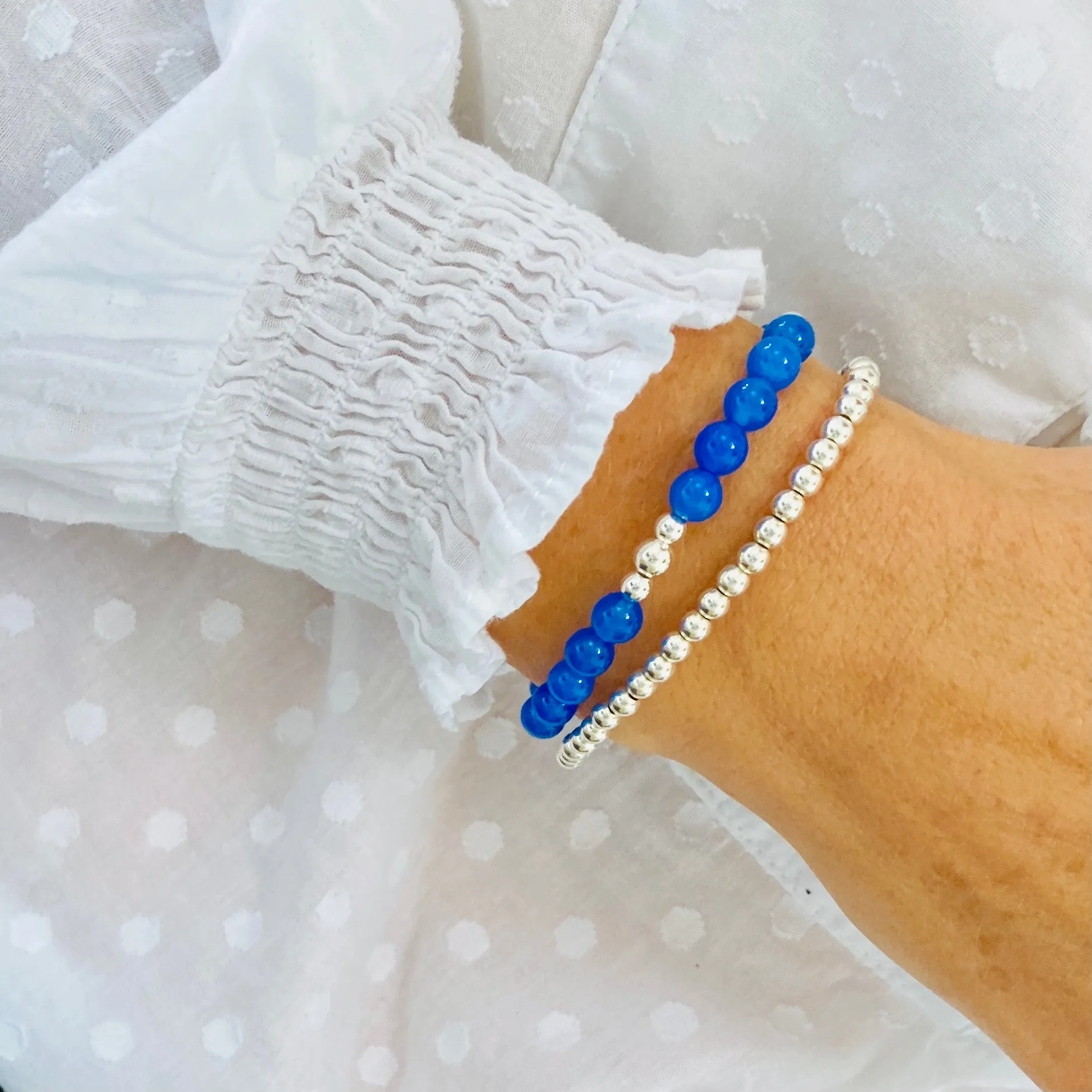 Blue Onyx Bead Bracelet with Silver Accent | Solo or Stack Set