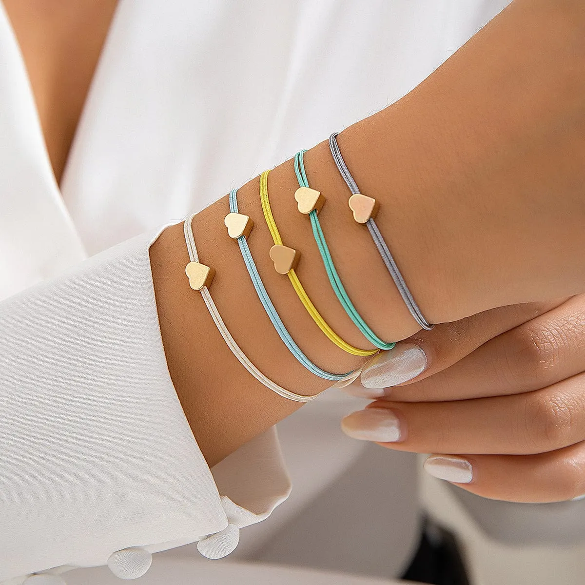 Boho Colorful Heart Jade Cord Stackable Bracelet Set