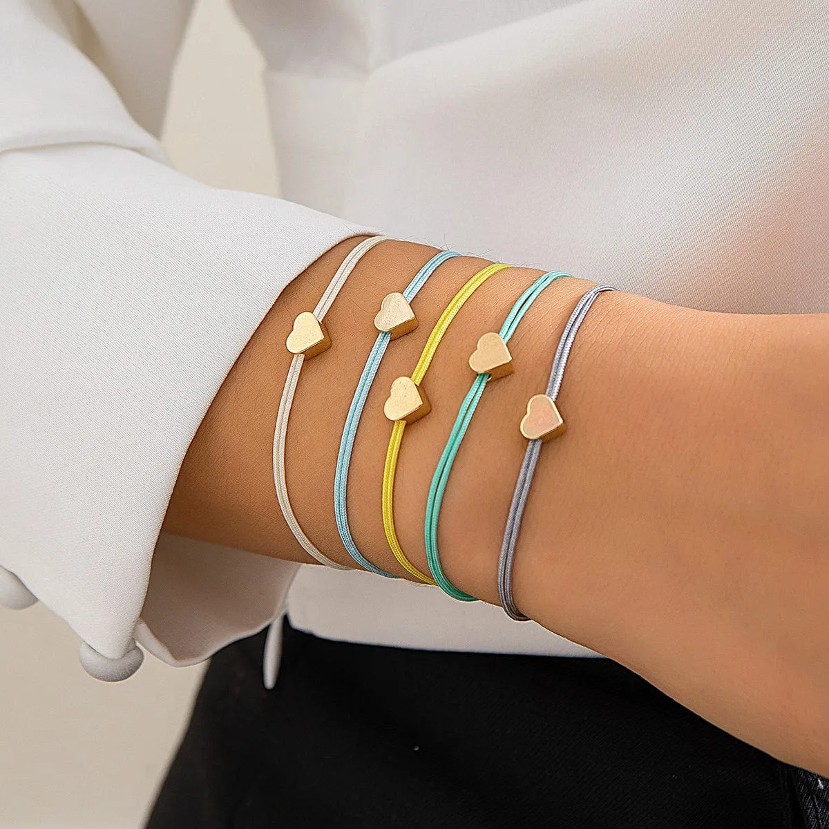 Boho Colorful Heart Jade Cord Stackable Bracelet Set