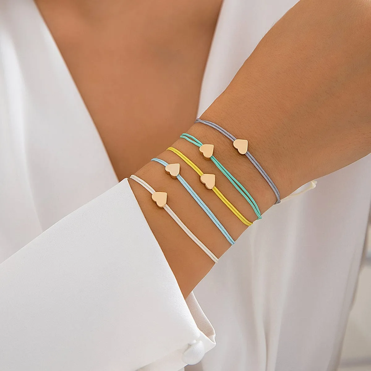 Boho Colorful Heart Jade Cord Stackable Bracelet Set