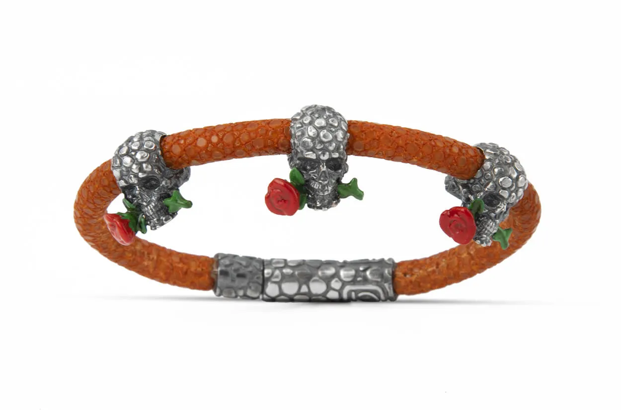 Bracelet LivingSkull Women Stingray Leather & Three Human Skulls
