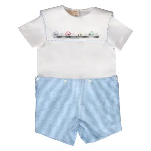 Cars Blue Gingham Shadow Embroidered Button-On Short Set
