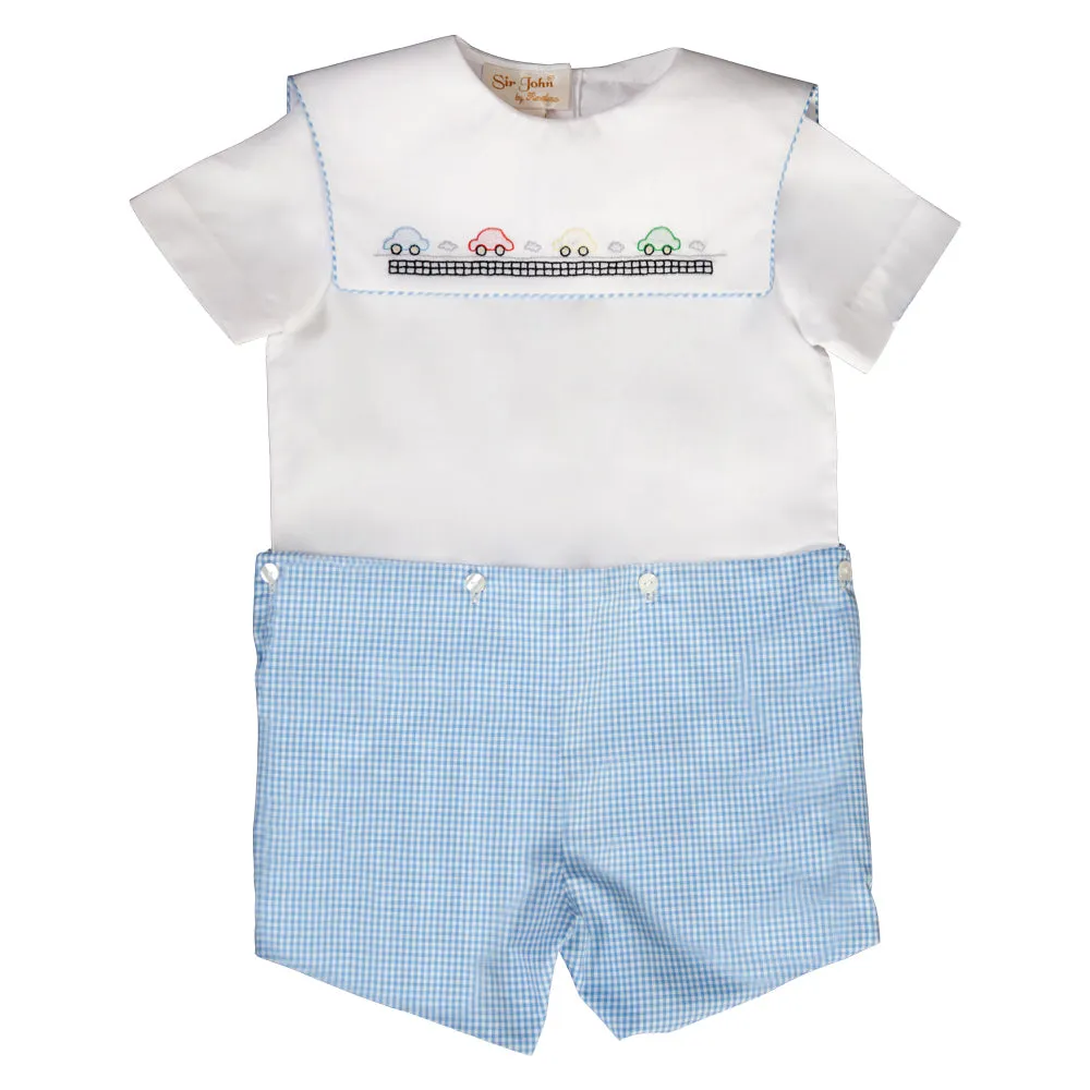 Cars Blue Gingham Shadow Embroidered Button-On Short Set