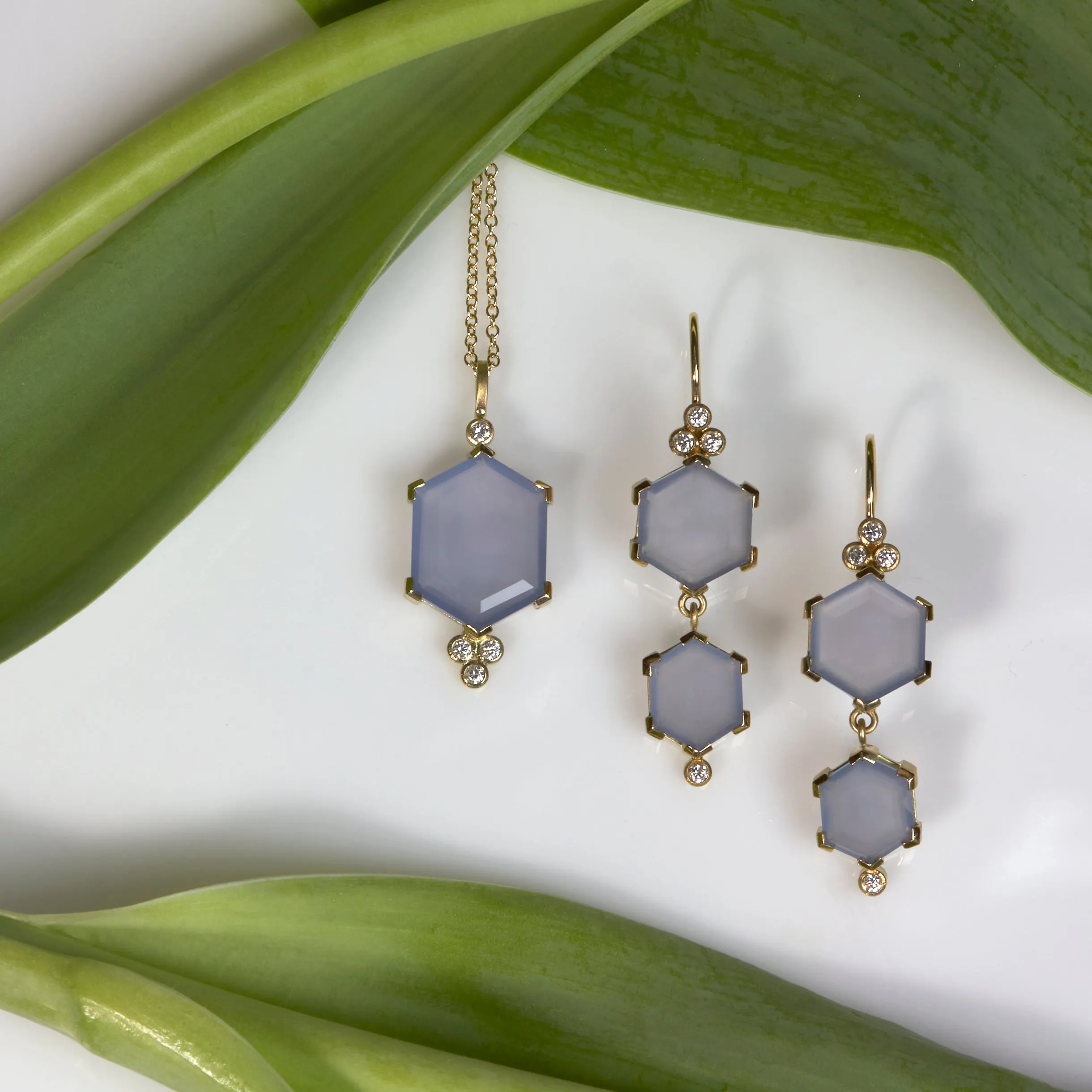 chalcedony hexagon and diamond earrings