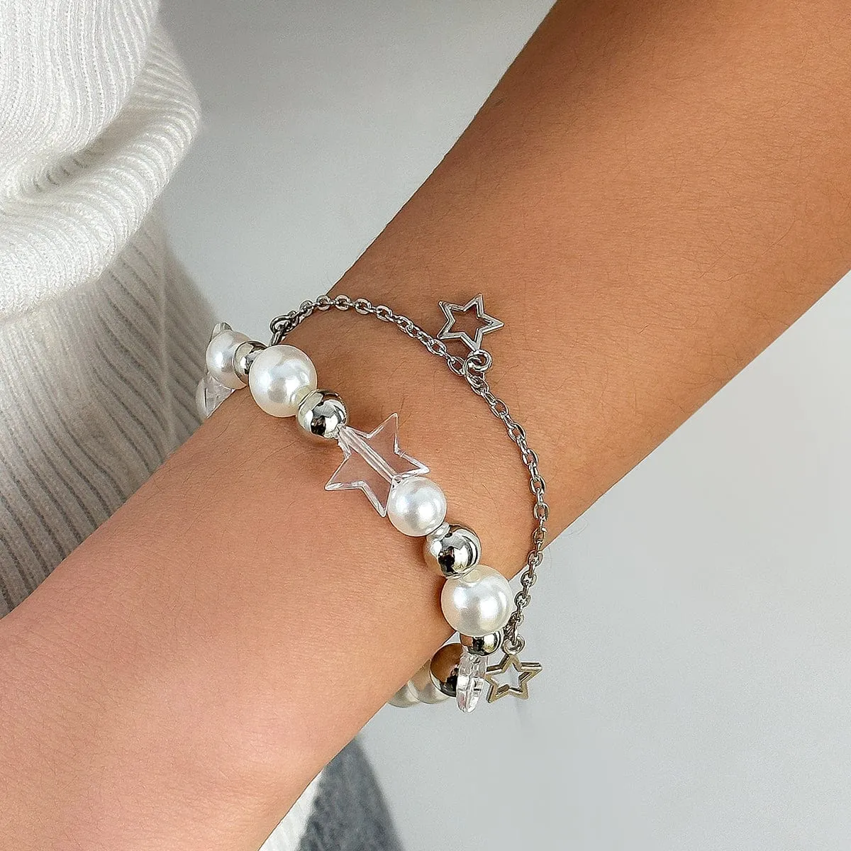 Chic Elegant Layered Star Tassel Pearl Chain Bracelet