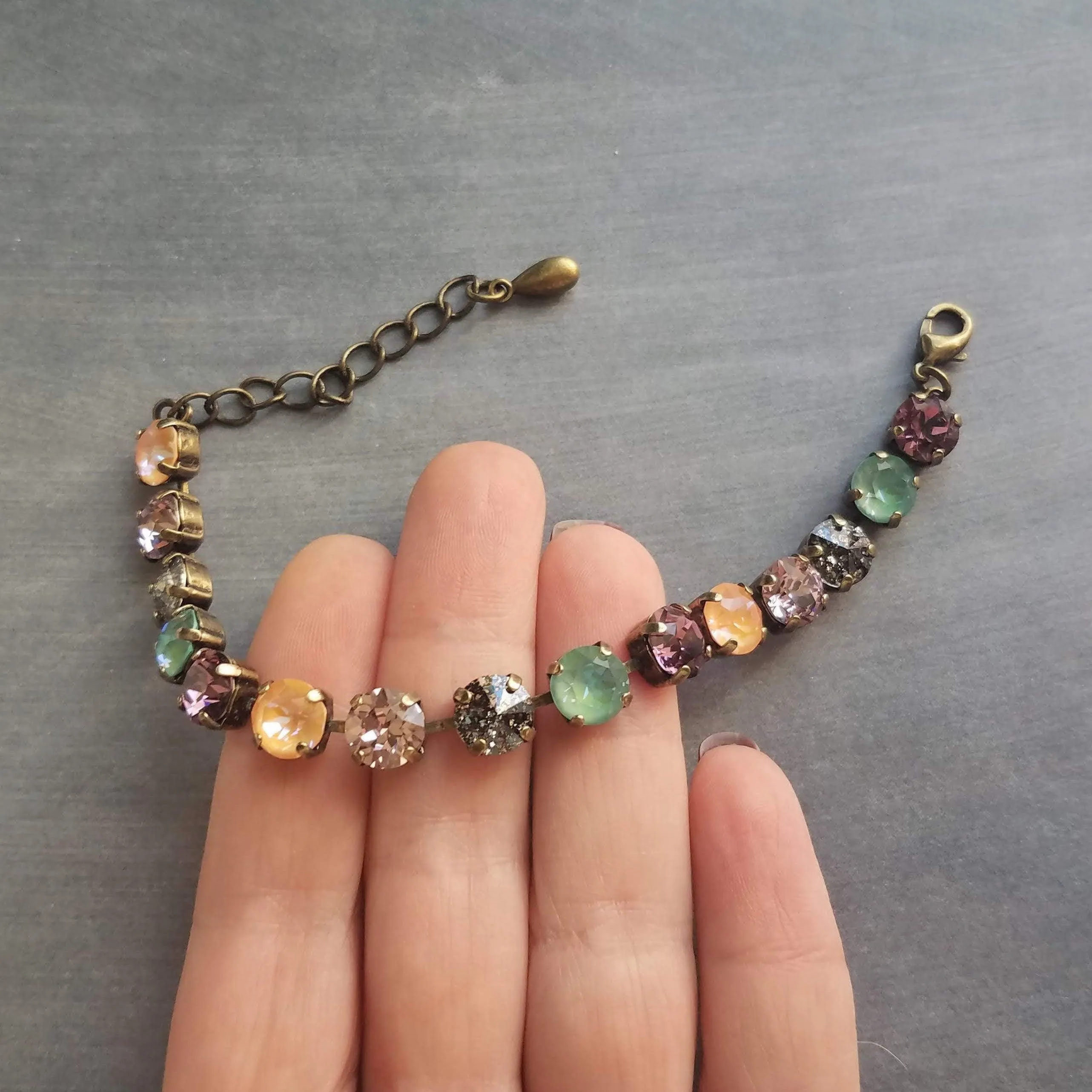 Chunky Fall Bracelet, autumn color bracelet, large crystal bracelet, antique bronze chain, old gold bracelet, sparkling green orange purple