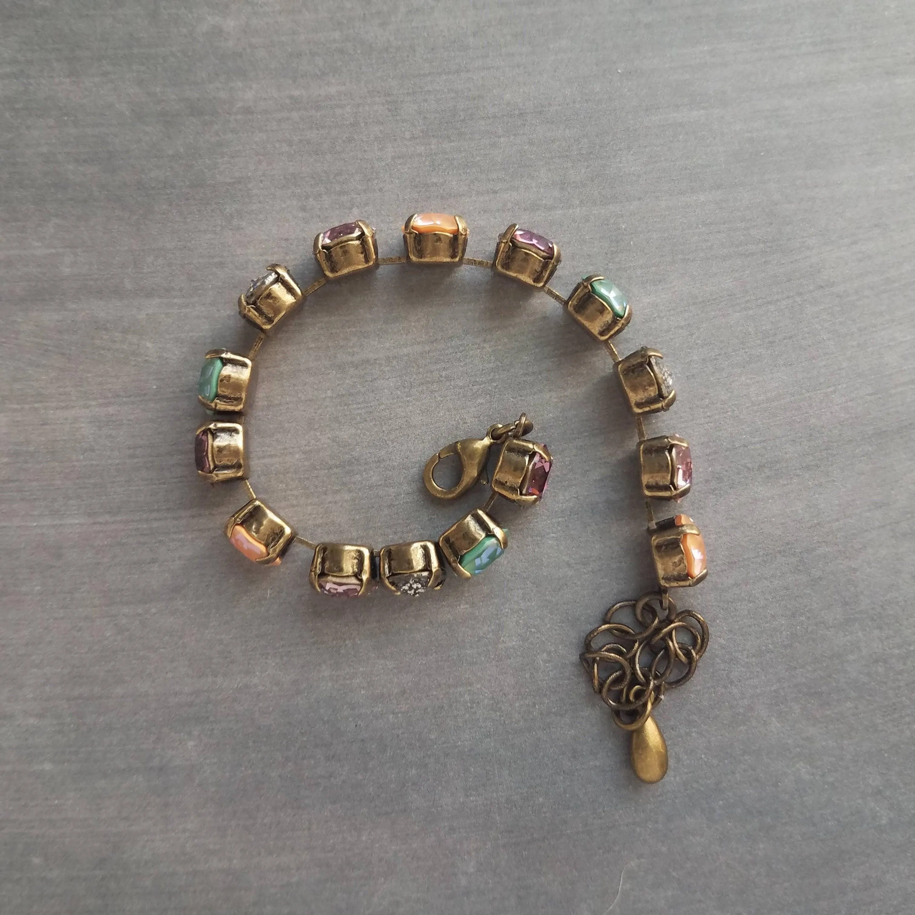 Chunky Fall Bracelet, autumn color bracelet, large crystal bracelet, antique bronze chain, old gold bracelet, sparkling green orange purple