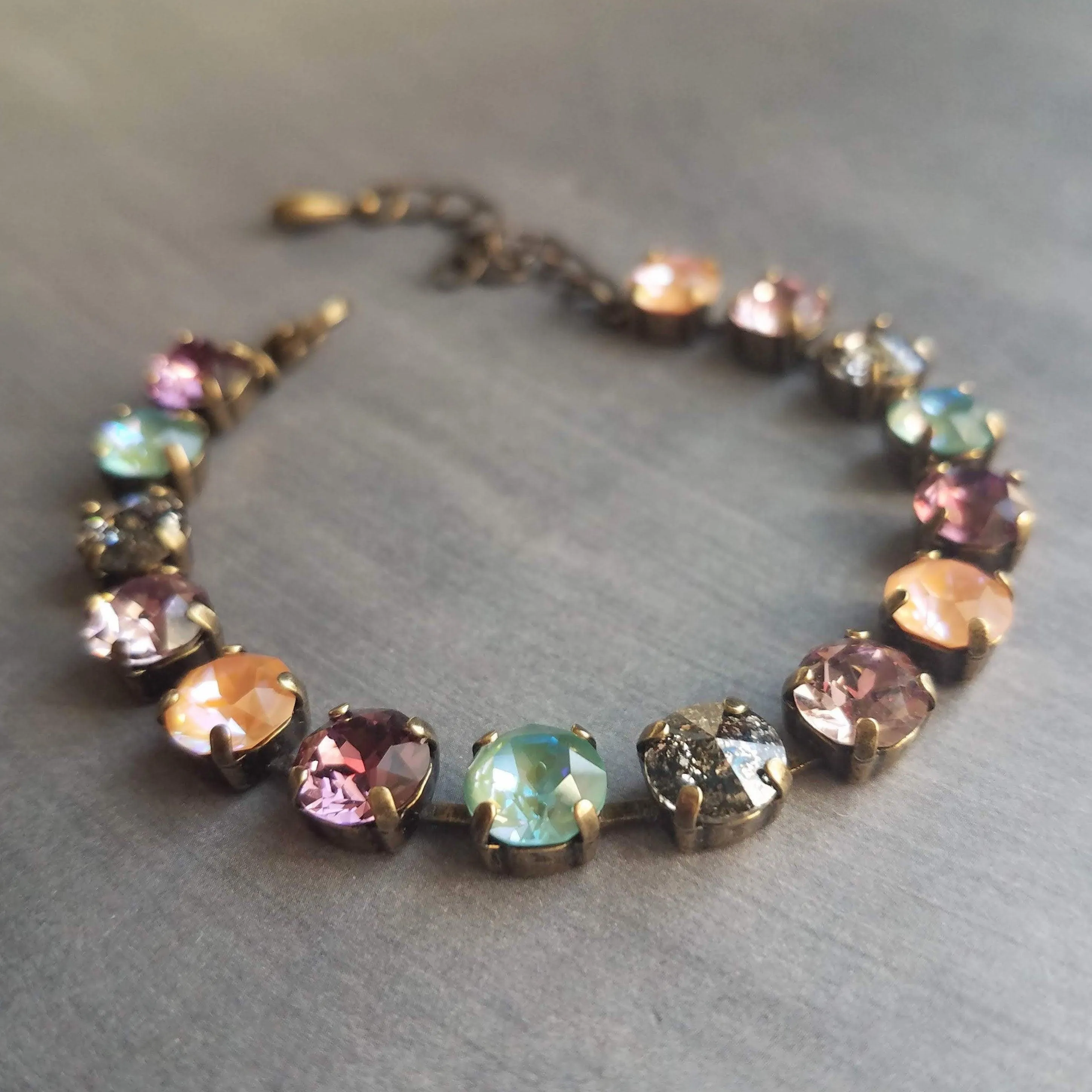 Chunky Fall Bracelet, autumn color bracelet, large crystal bracelet, antique bronze chain, old gold bracelet, sparkling green orange purple