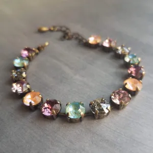 Chunky Fall Bracelet, autumn color bracelet, large crystal bracelet, antique bronze chain, old gold bracelet, sparkling green orange purple