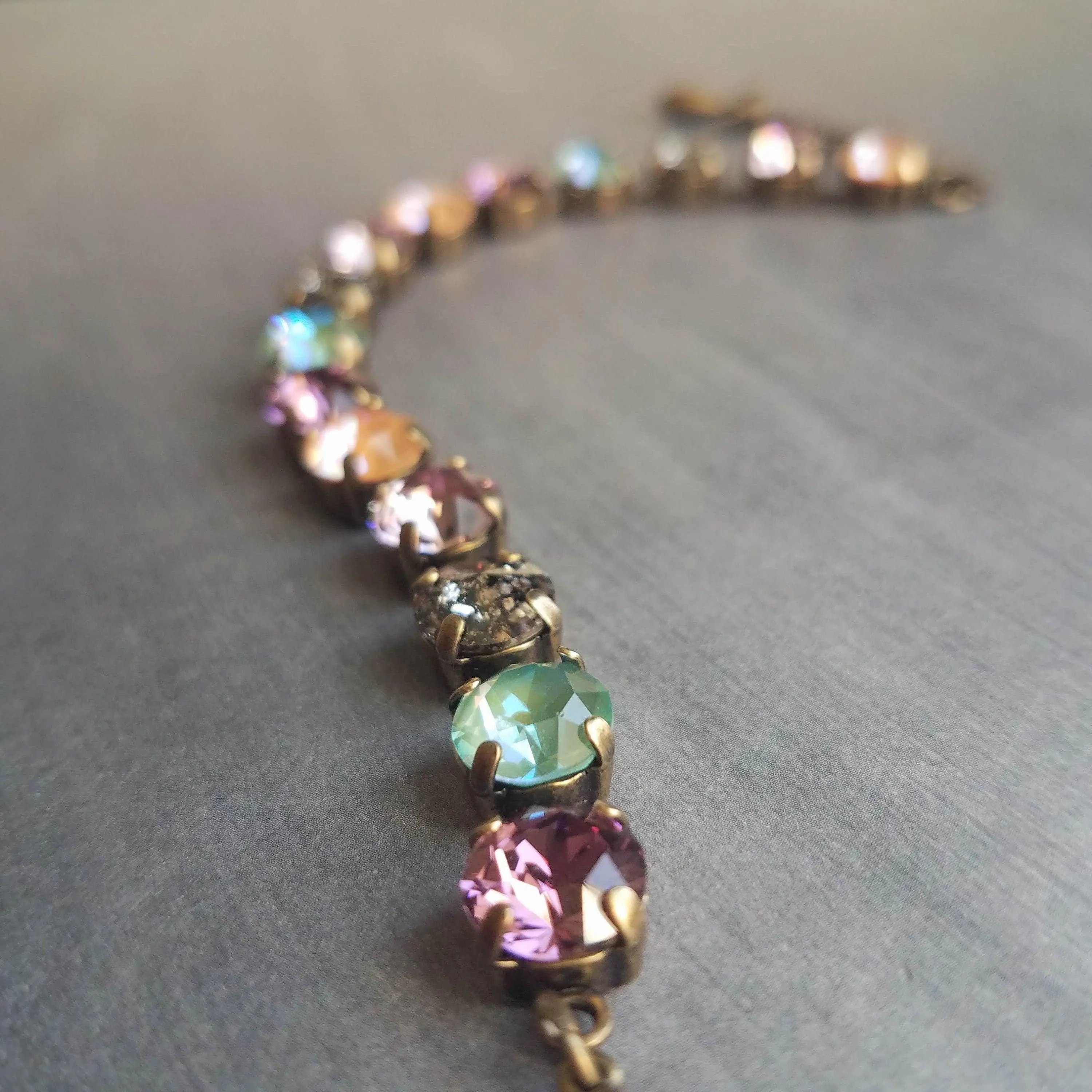 Chunky Fall Bracelet, autumn color bracelet, large crystal bracelet, antique bronze chain, old gold bracelet, sparkling green orange purple