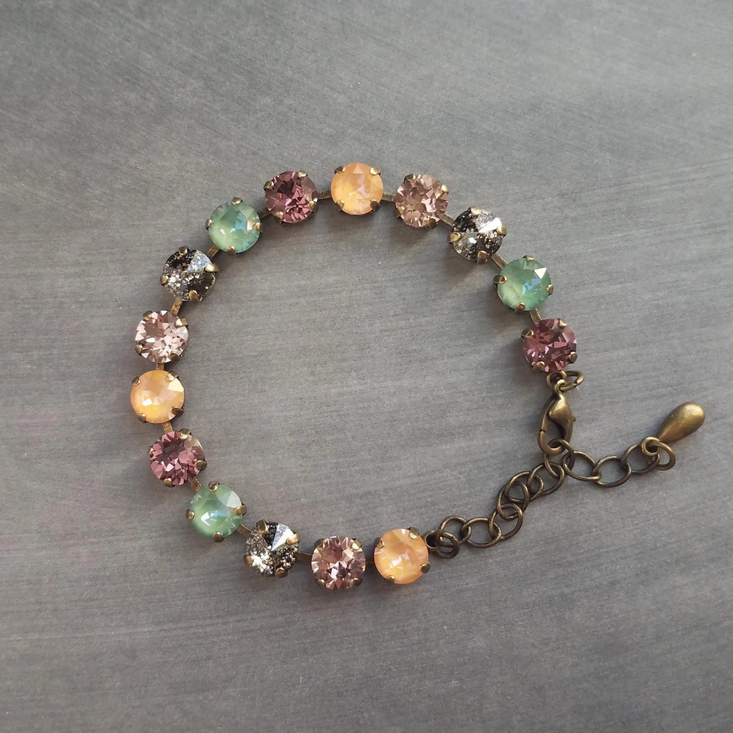 Chunky Fall Bracelet, autumn color bracelet, large crystal bracelet, antique bronze chain, old gold bracelet, sparkling green orange purple