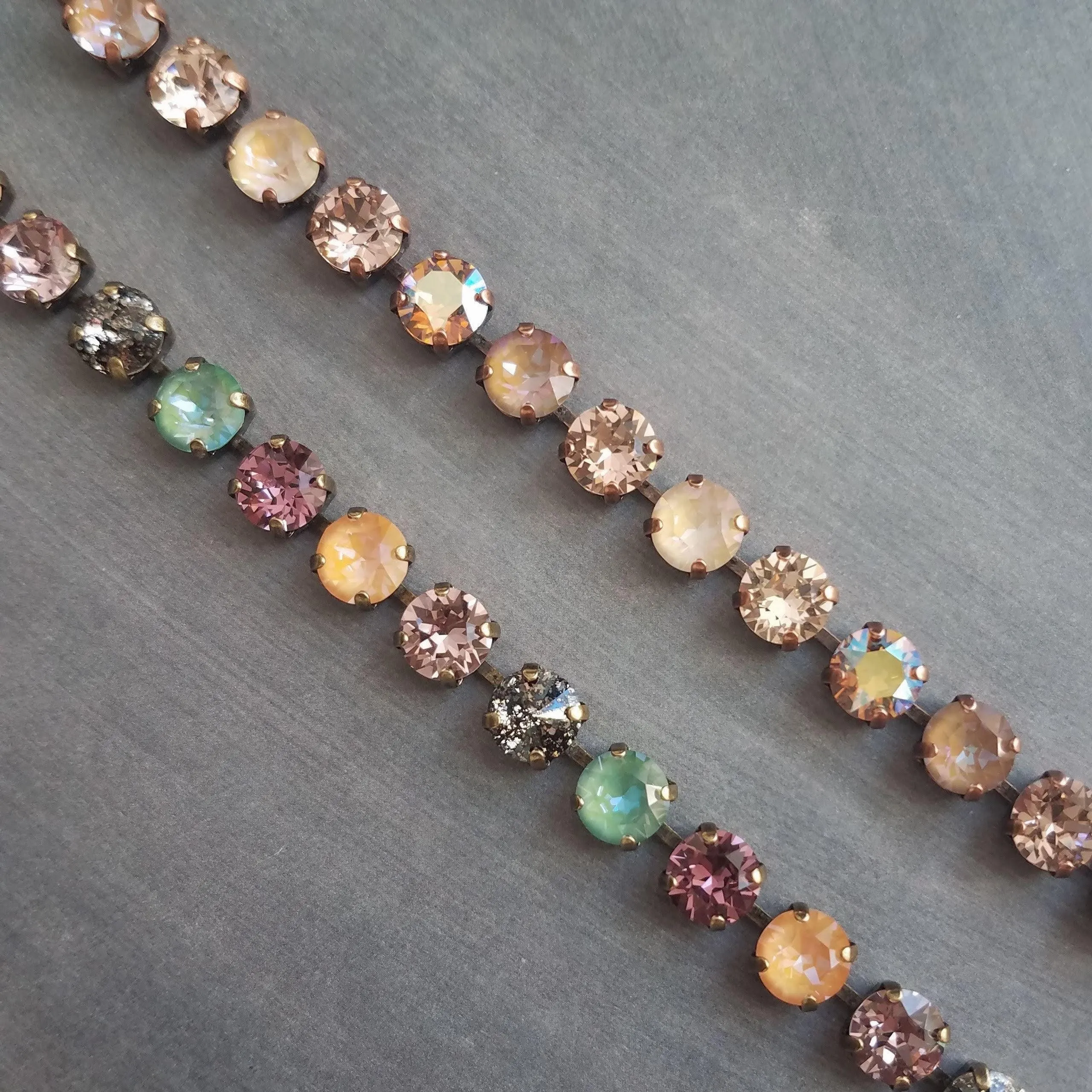 Chunky Fall Bracelet, autumn color bracelet, large crystal bracelet, antique bronze chain, old gold bracelet, sparkling green orange purple