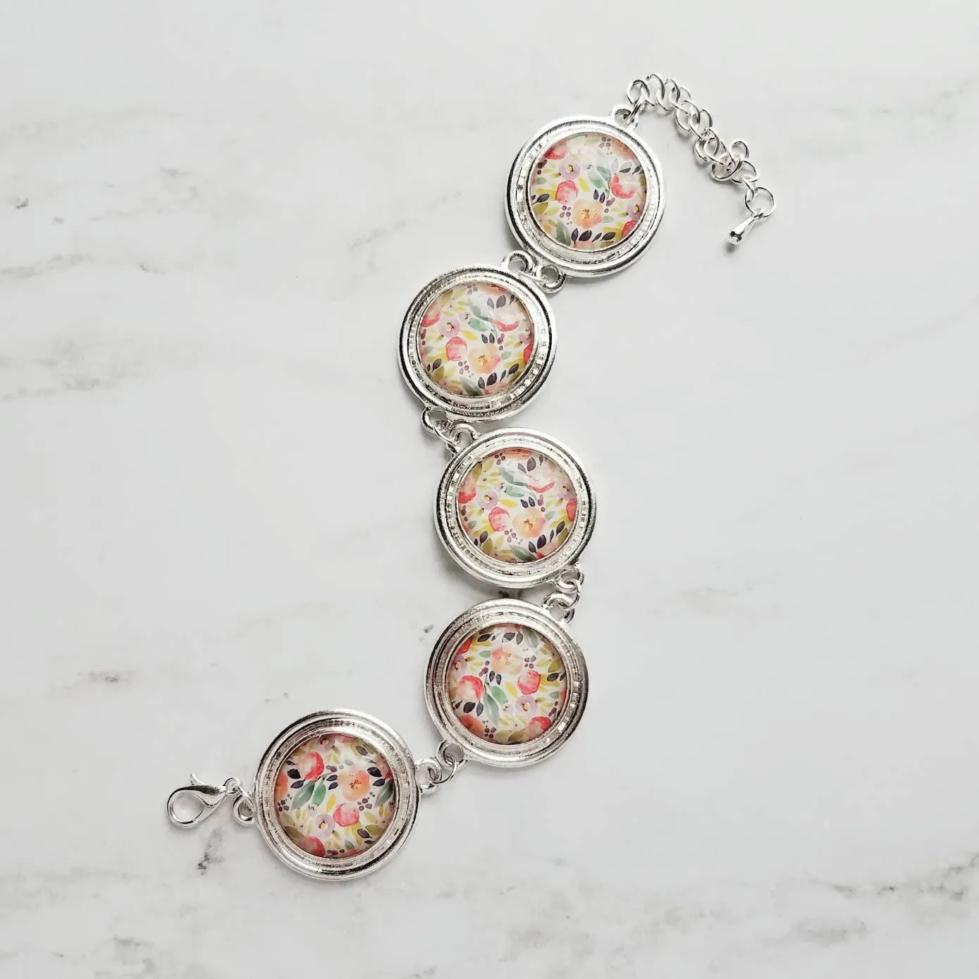 Chunky Floral Bracelet, flower bracelet, chunky silver bracelet, round charm bracelet, colorful bracelet, unique silver bracelet, pastel