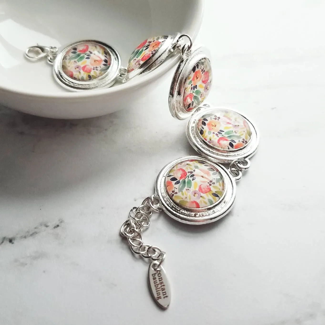Chunky Floral Bracelet, flower bracelet, chunky silver bracelet, round charm bracelet, colorful bracelet, unique silver bracelet, pastel