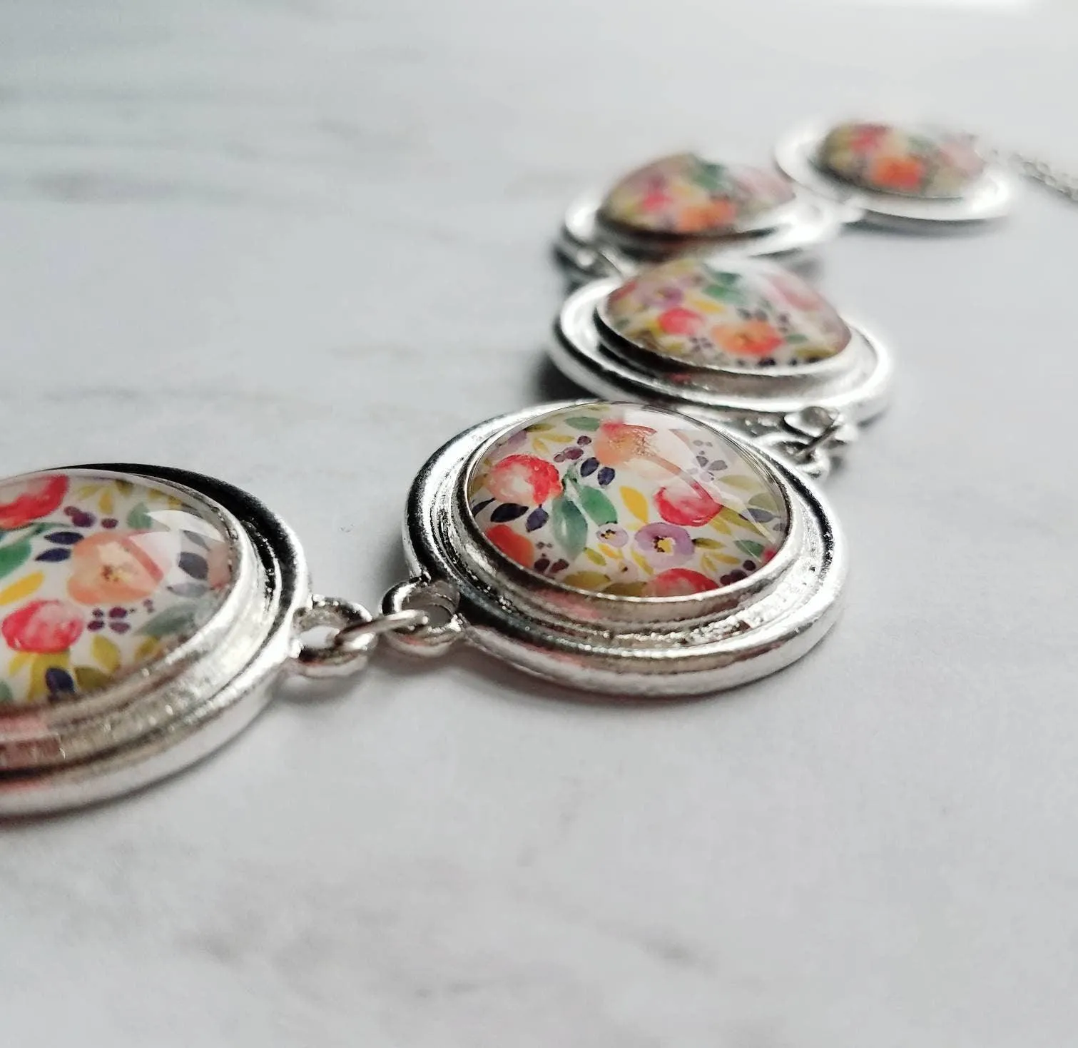 Chunky Floral Bracelet, flower bracelet, chunky silver bracelet, round charm bracelet, colorful bracelet, unique silver bracelet, pastel