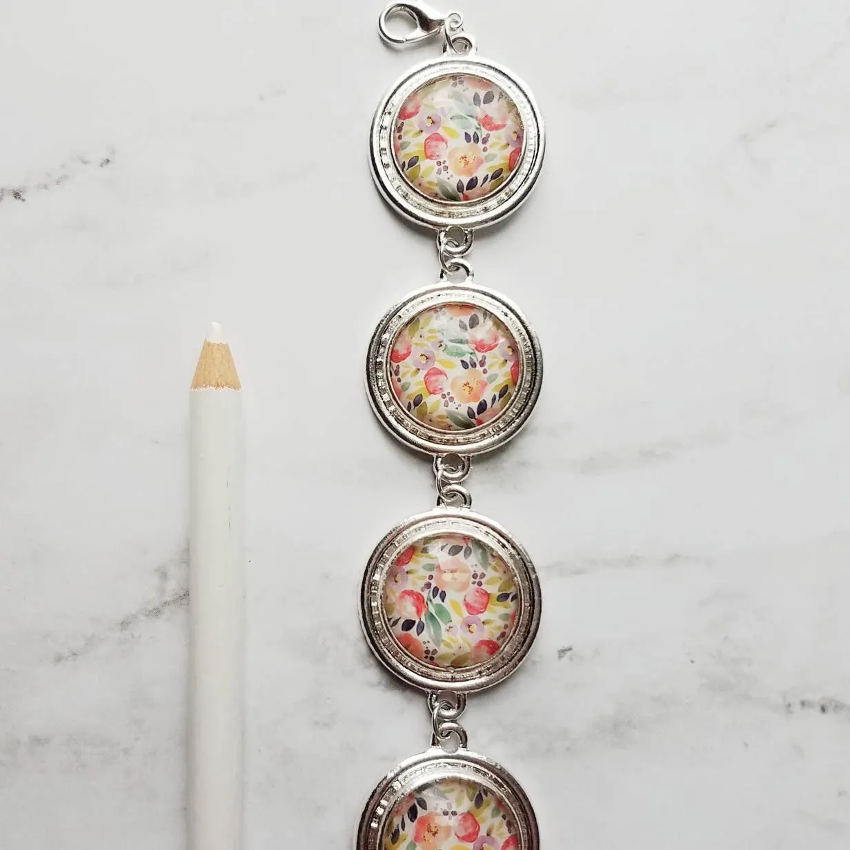 Chunky Floral Bracelet, flower bracelet, chunky silver bracelet, round charm bracelet, colorful bracelet, unique silver bracelet, pastel