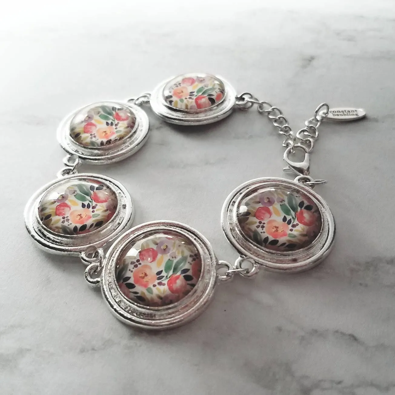 Chunky Floral Bracelet, flower bracelet, chunky silver bracelet, round charm bracelet, colorful bracelet, unique silver bracelet, pastel