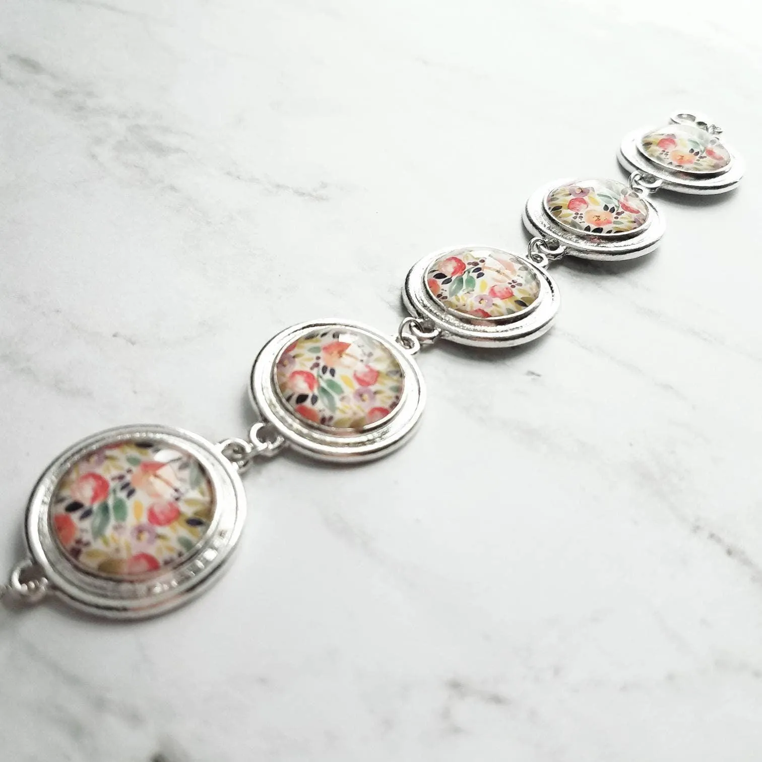Chunky Floral Bracelet, flower bracelet, chunky silver bracelet, round charm bracelet, colorful bracelet, unique silver bracelet, pastel