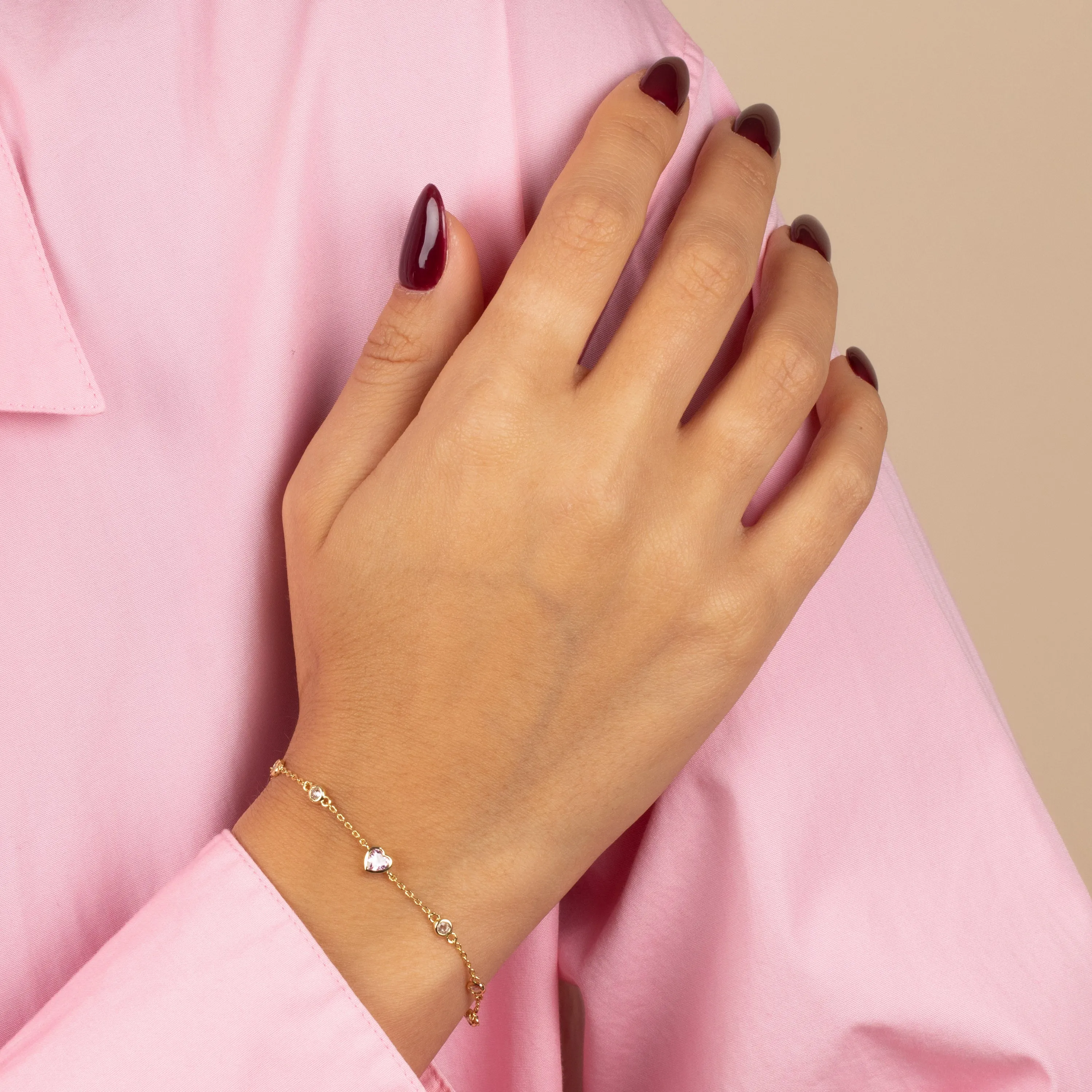 Colored CZ Bezel Heart Chain Bracelet