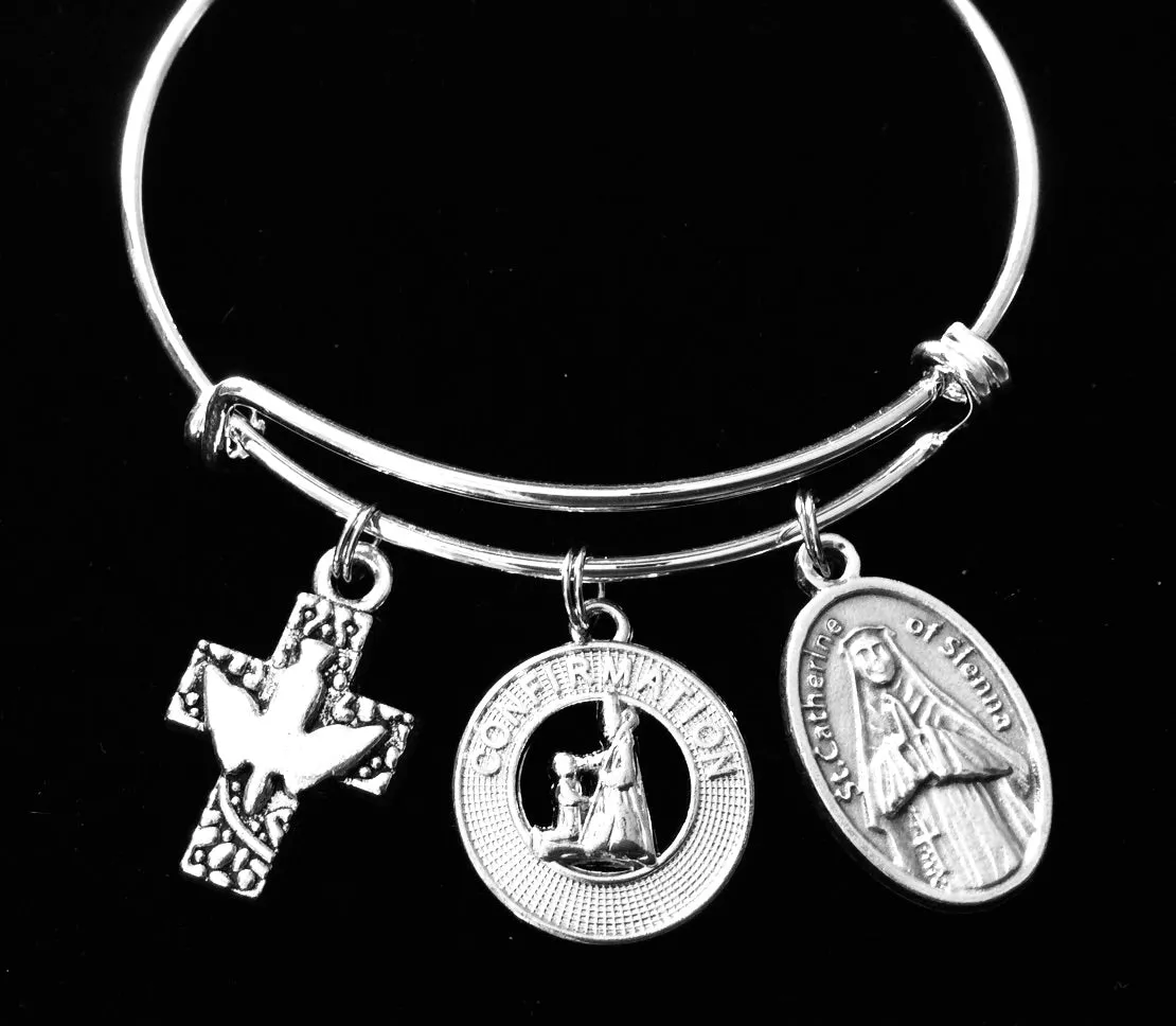 Confirmation Jewelry Saint Catherine of Sienna Expandable Charm Bracelet Silver Adjustable Bangle Medal Catholic Gift Dove